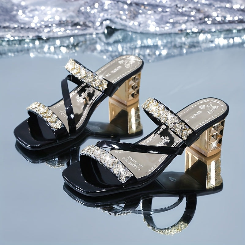 Elegant Women'S Summer Sandals - Sexy Open Toe with Glittering Square Toe, High Heel, and Rubber Sole for Outdoor Wear, Summer Footwear | Chic Sandals | Glossy Finish, Strappy Sandals