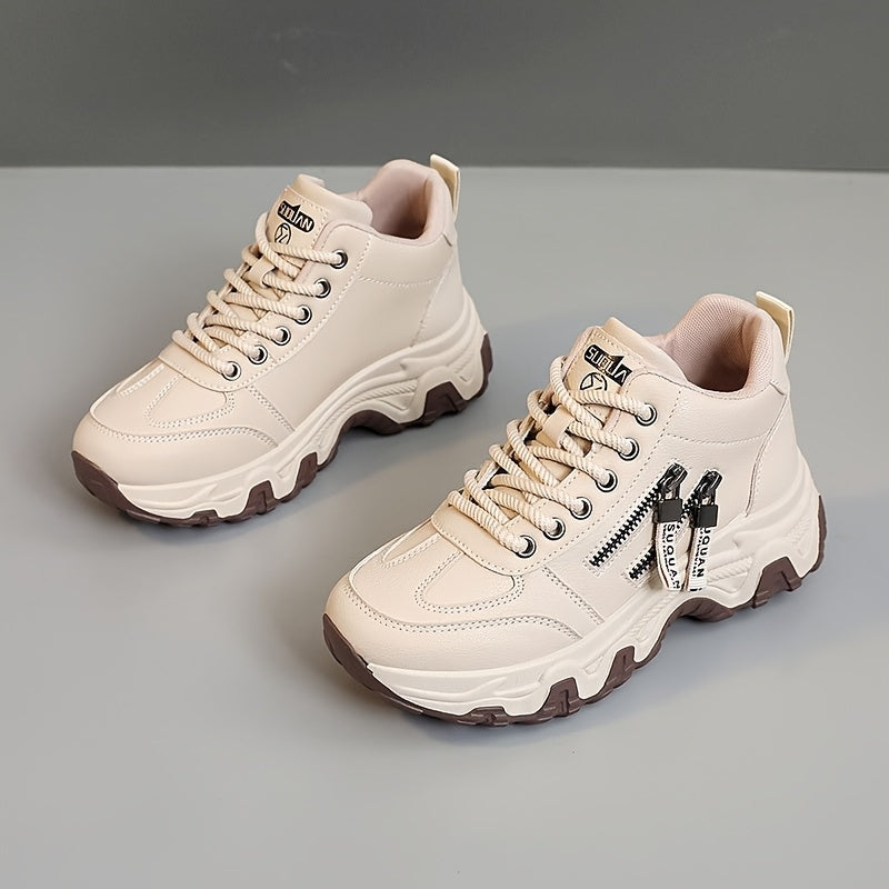 Women's White Platform Sneakers - Chunky Platform Shoes with Cushioned PVC Sole, Lace-Up Low-Top for Everyday, Travel, Office - All-Season Synthetic Cover - Leg-Lengthening Design, Ladies Sneakers, Travel Footwear, Chunky Sol