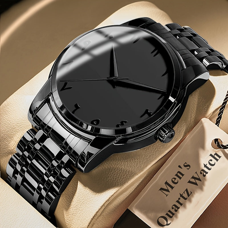 Men's Casual Arabic Numerals Quartz Watch - Scratch-Resistant HD Dial, IPX7 Waterproof, Stainless Steel Strap, Black & Golden Accents - Perfect Gift for Birthdays, Holidays & Family Reunions, Reliable Timepiece, Contemporary