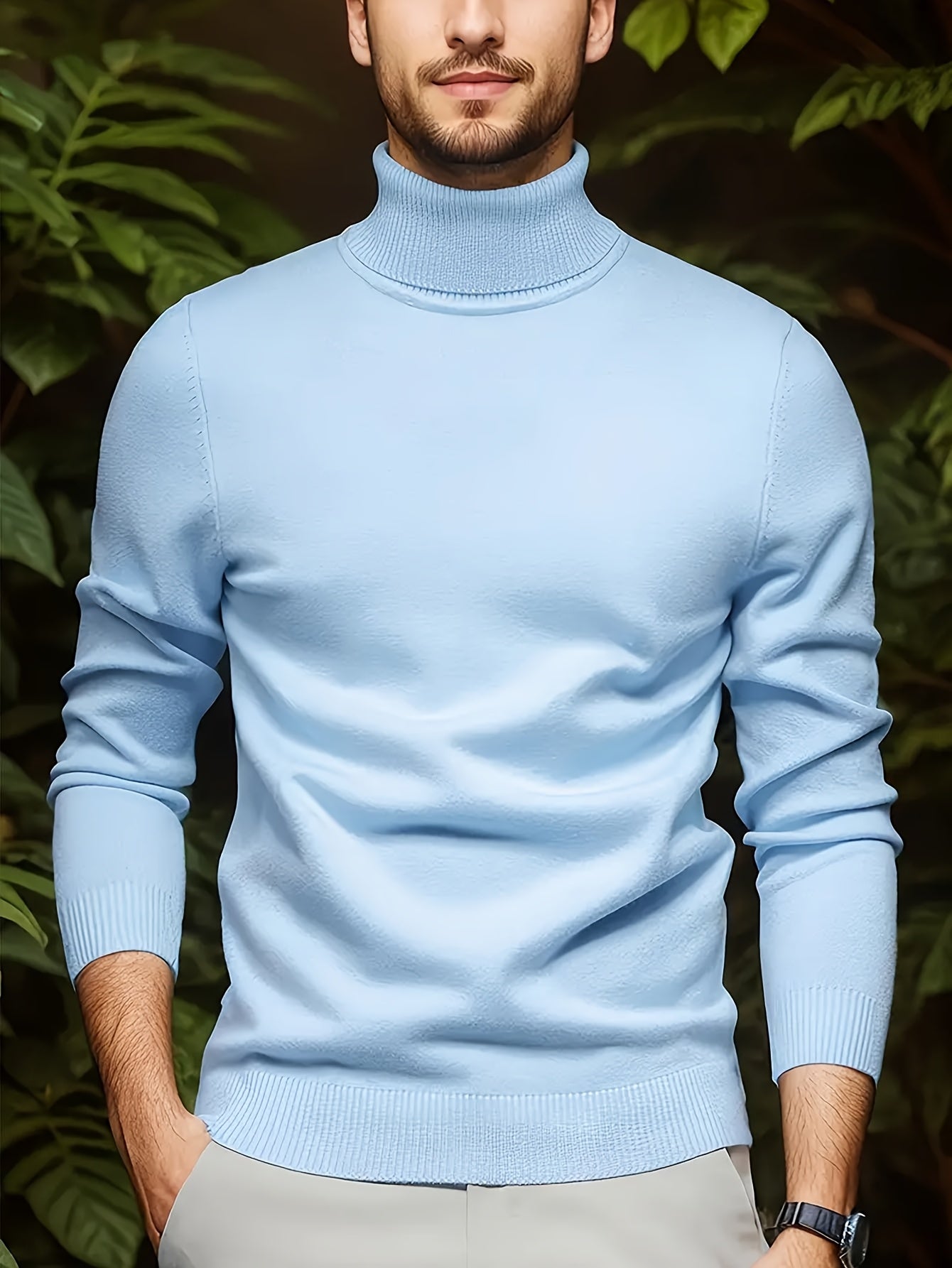 Men's Sleek Light Blue Turtleneck Sweater - Casual Knit Pullover with Ribbed Cuffs, Long Sleeves for Fall/Winter, Soft Viscose Blend