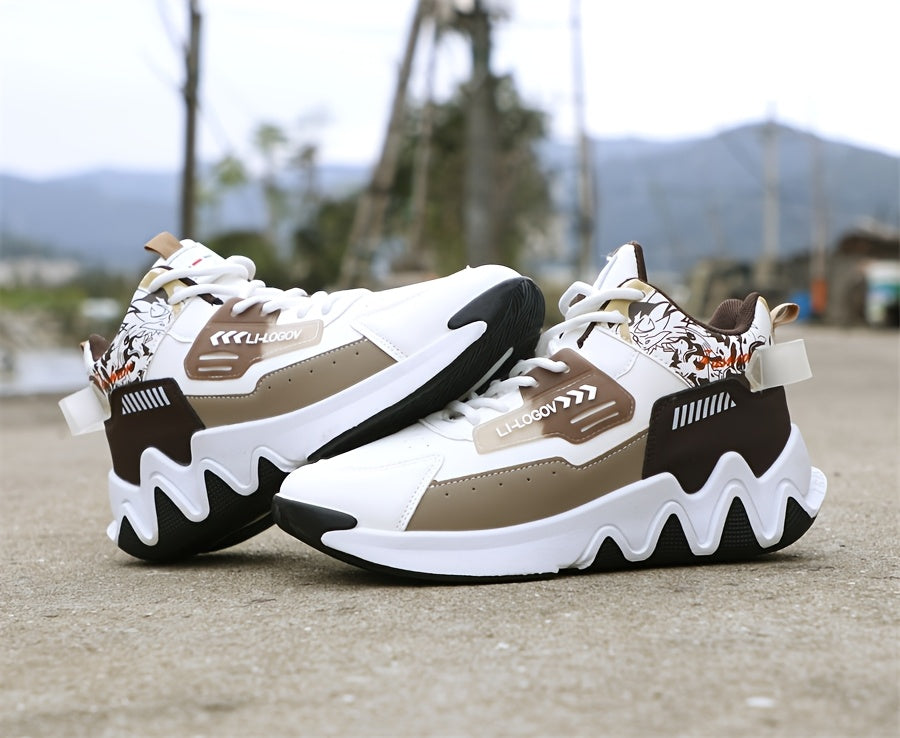Men's High-Top Basketball Sneakers, Preppy Street Style, Solid Color with Cartoon & Stripes, All-Season Lace-Up Sports Shoes, Faux Upper, Fabric Inner, Rubber Sole, for Running, Hiking & Casual Wear, Outdoor Activities Shoes
