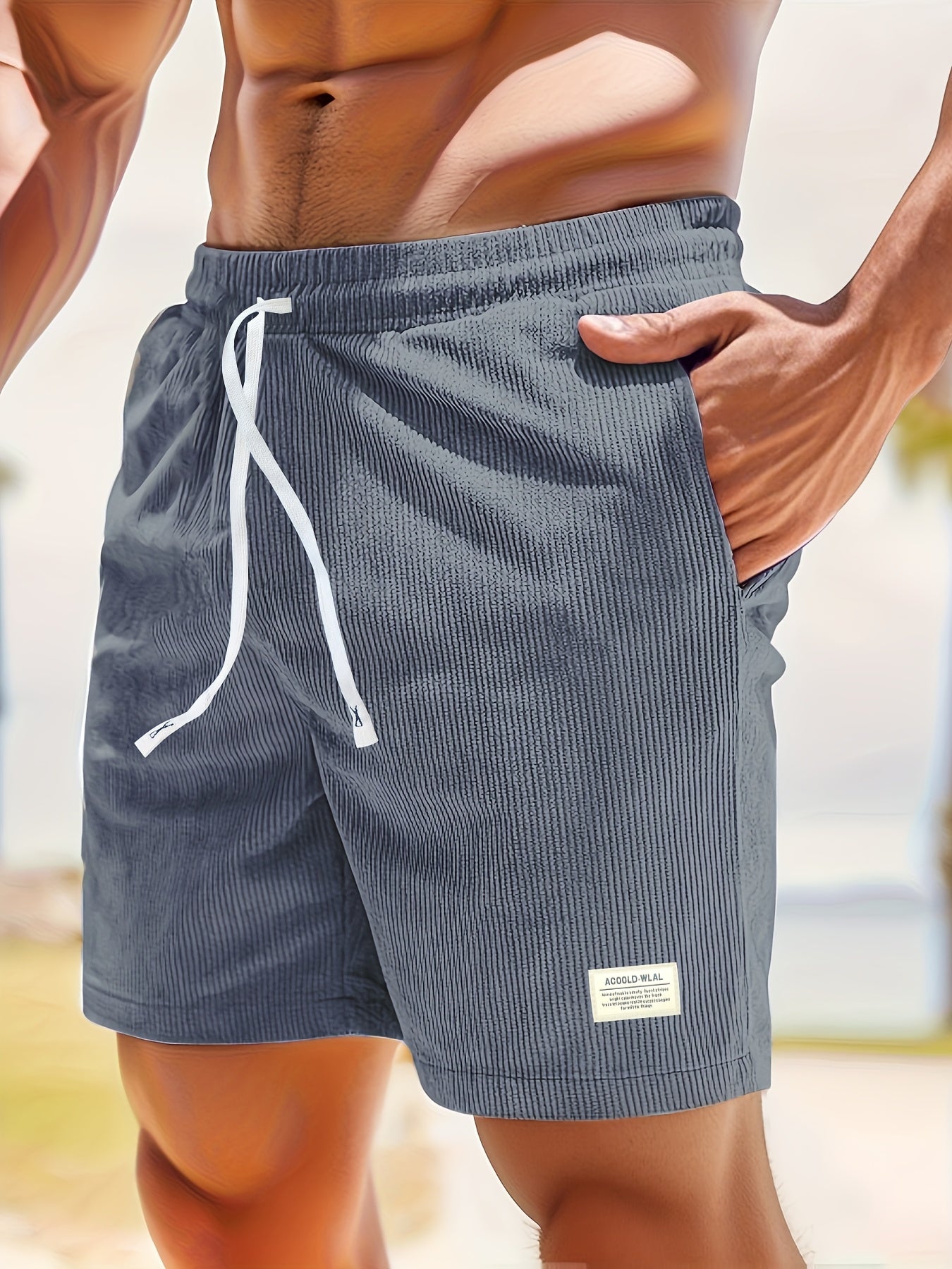 Pearson OBM Men's Corduroy Casual Shorts, White Drawstring, Polyester, Machine Washable, Slightly Elastic Fabric, Comfortable in Summer