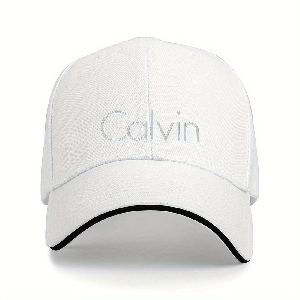 Men's Sporty Breathable Polyester Baseball Cap with Modern Metallic Calvin Text Pattern - Black & White Contrast Design for Fitness, Running, Couples Matching Hats, Fitness Accessory, Sleek Sporty Style, Comfortable Headwear
