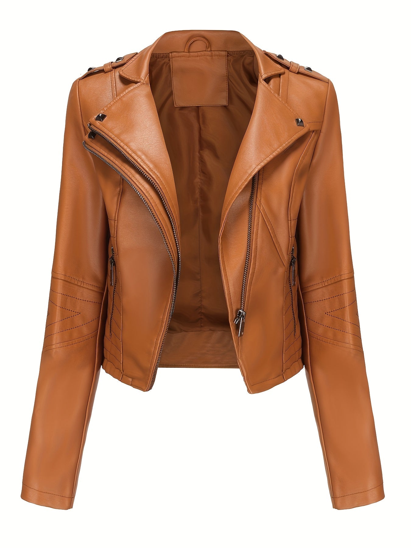 Women'S Casual Faux Leather Jacket, Solid Color, Long Sleeve, Regular Length, Fall/Winter, Zipper Placket, Woven, Non-Stretch Fabric, 100% Polyurethane, Lapel Collar, Dipped Hem Detail