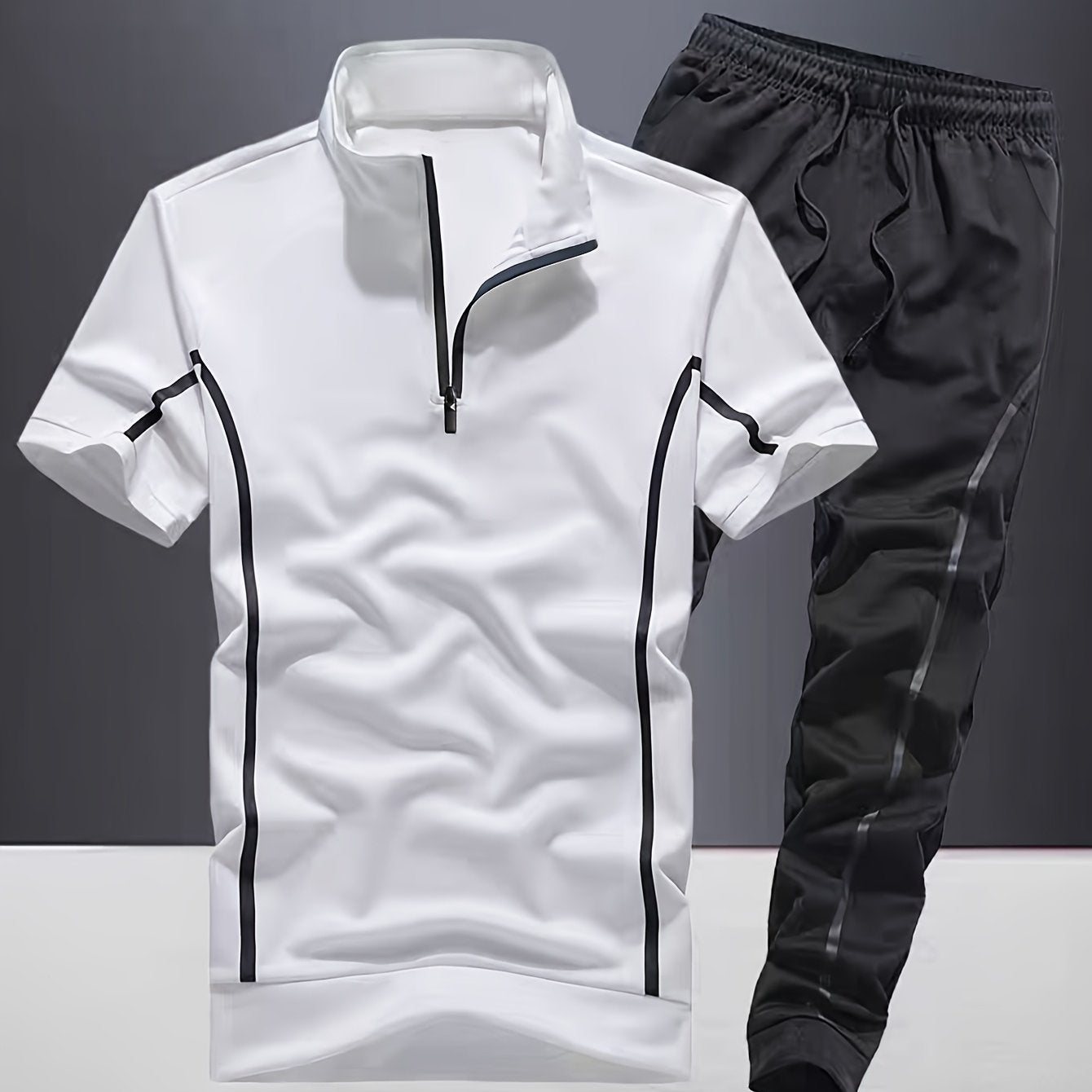 Men's Fashion Stripe Casual Suit, 2pcs Stylish Stand Collar Zippered Breathable Outfit with Short Sleeve T-Shirt and Drawstring Pants for Summer Wear