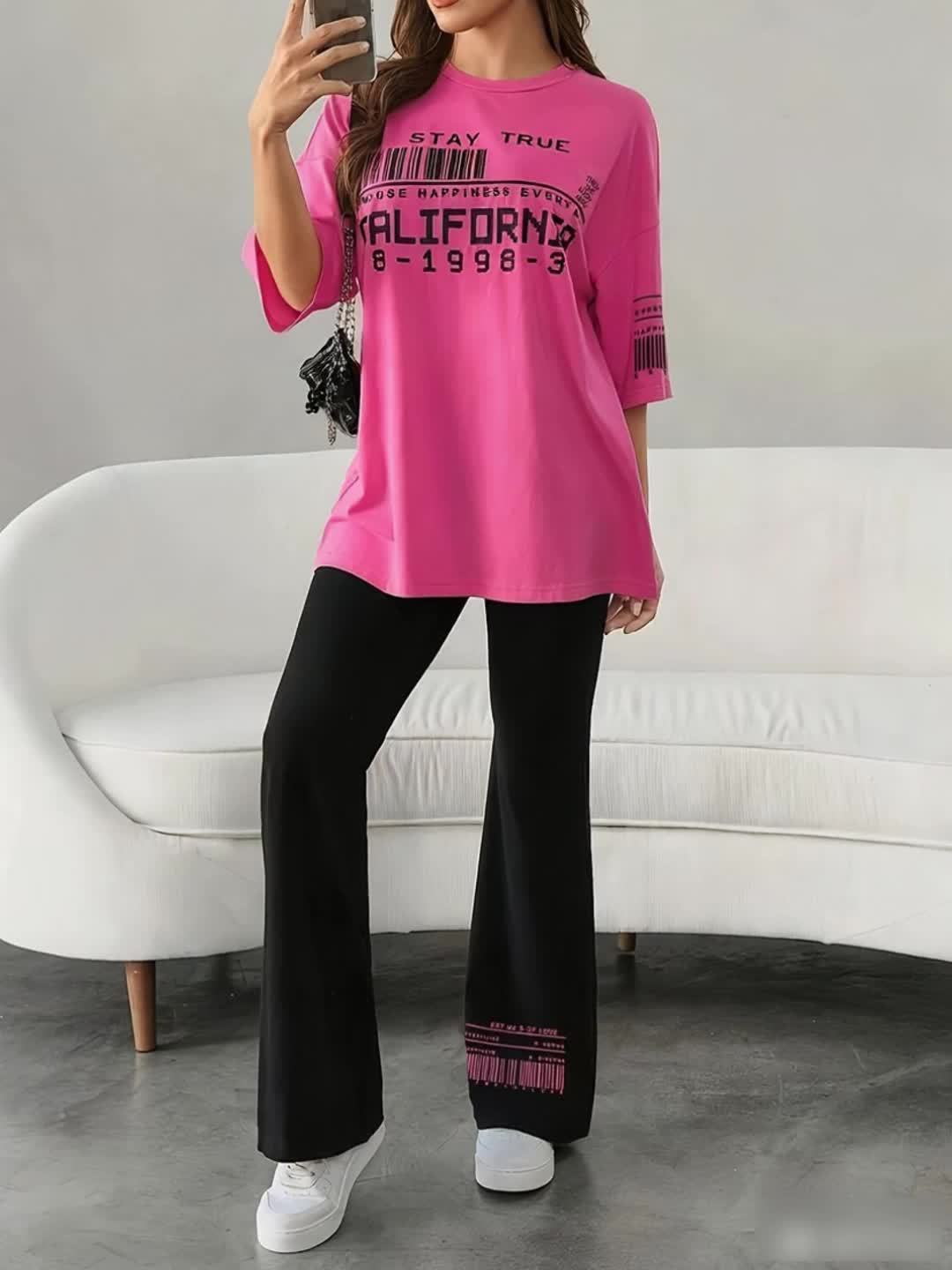 Women's Fashion Letter Print Round Neck Top and Pants Set