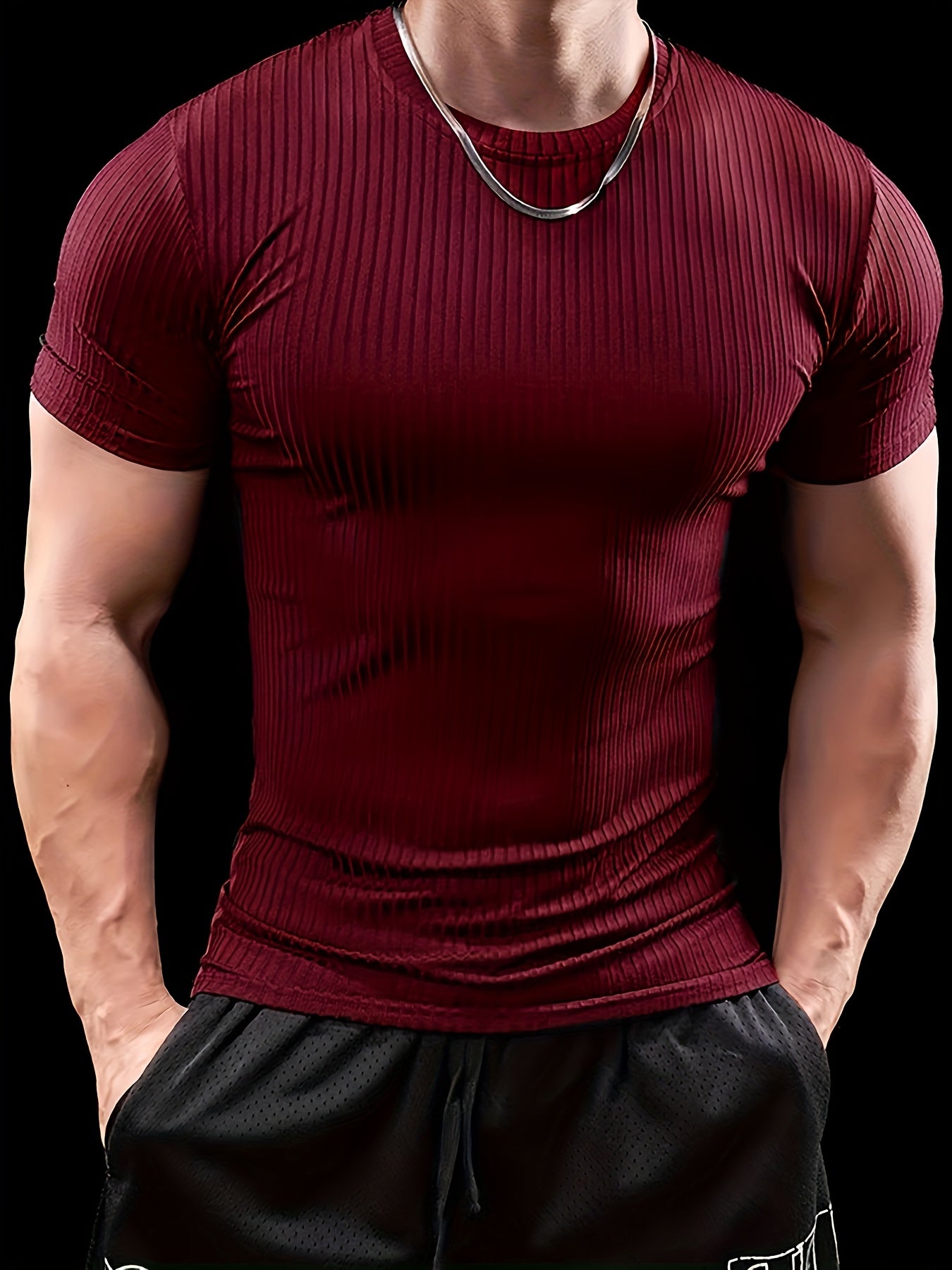 Men's Slim Fit Ribbed Short Sleeve T-Shirt - Stretchy Athletic & Casual Wear, Green, Round Neck, Machine Washable, Muscle-Enhancing Design, Gym Shirts