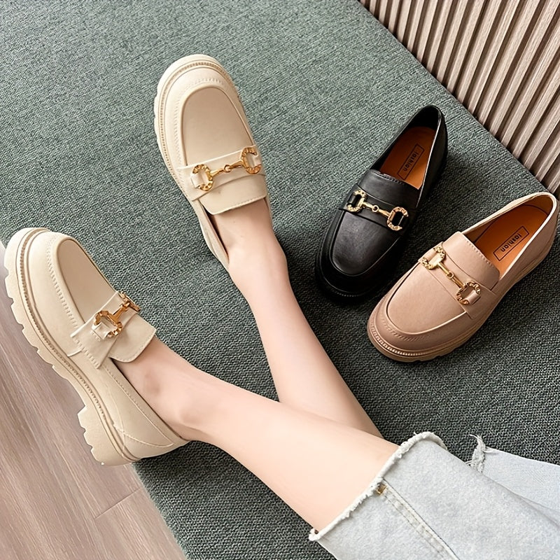 Women's Summer Fashion Loafers - Slip-On Platform Shoes with Metallic Buckle Decor, Round Toe, Cream/Black/Brown, Thick Sole TPU Material for Casual Outdoor Wear