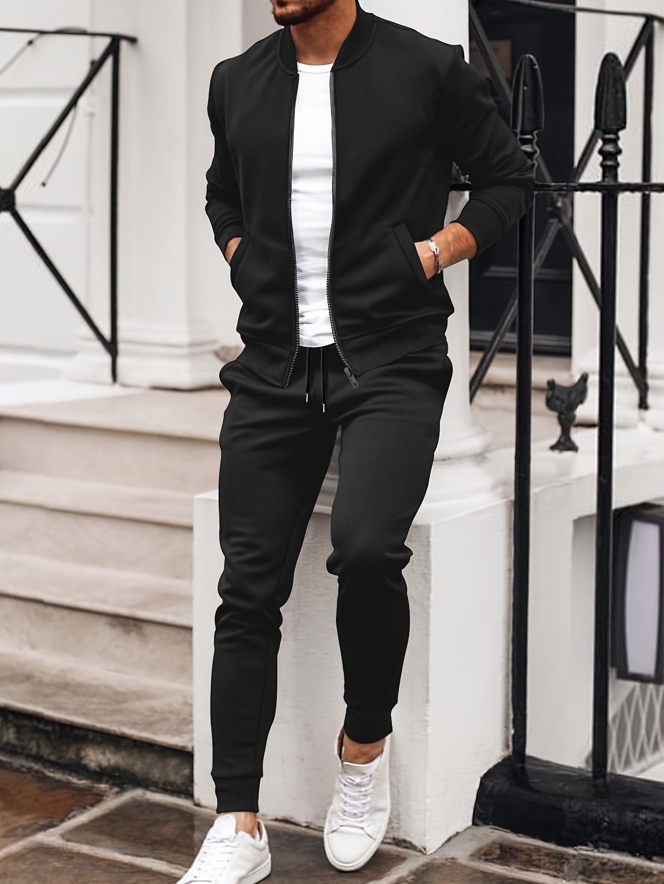 Men'S Casual Polyester Sweatsuit Set with Baseball Collar and Slight Stretch - Solid Color Long Sleeve Knit Fabric Track Suit for Fall/Winter