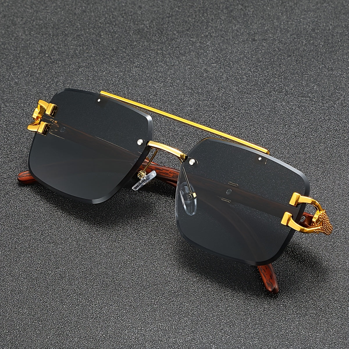 A Pair of Frameless, Beveled-Edge, Square Double-Beam Glasses, New Trendy Leopard-Print Fashion, Faux Wood Grain, Versatile for Men And Women, for Taking Photos.