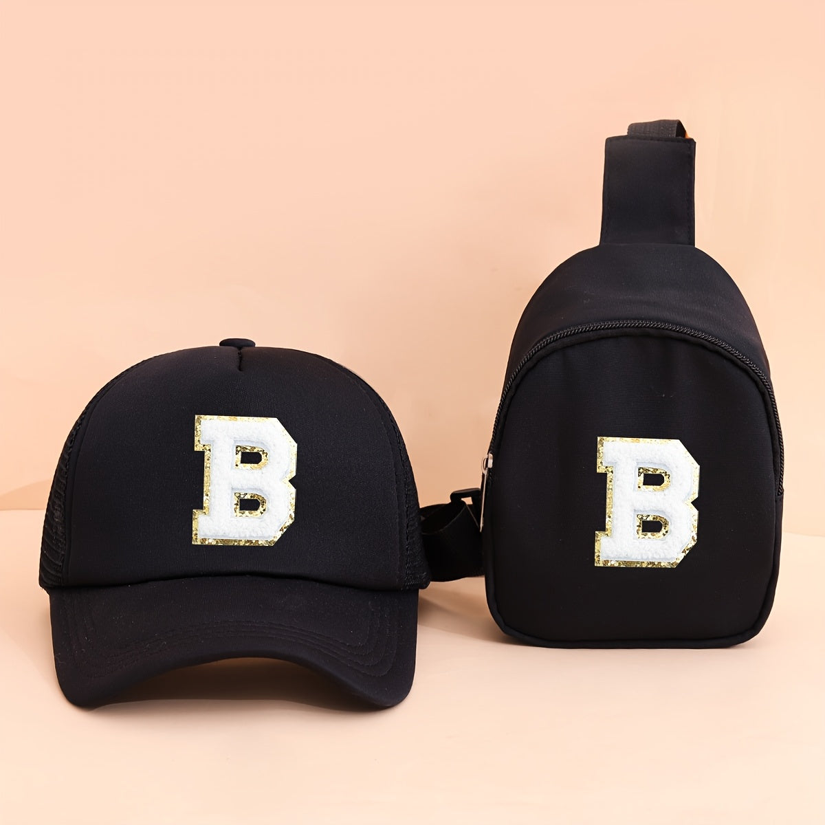 2pcs Kids' Printed Alphabet Pattern Set, Includes 1 Black Stylish Breathable Trucker Hat and 1 Black Crossbody Bag, Lightweight Sun Hat with Small Coin Purse, Suitable for Boys and Girls Aged 5-10 for Daily Outings and Back-t