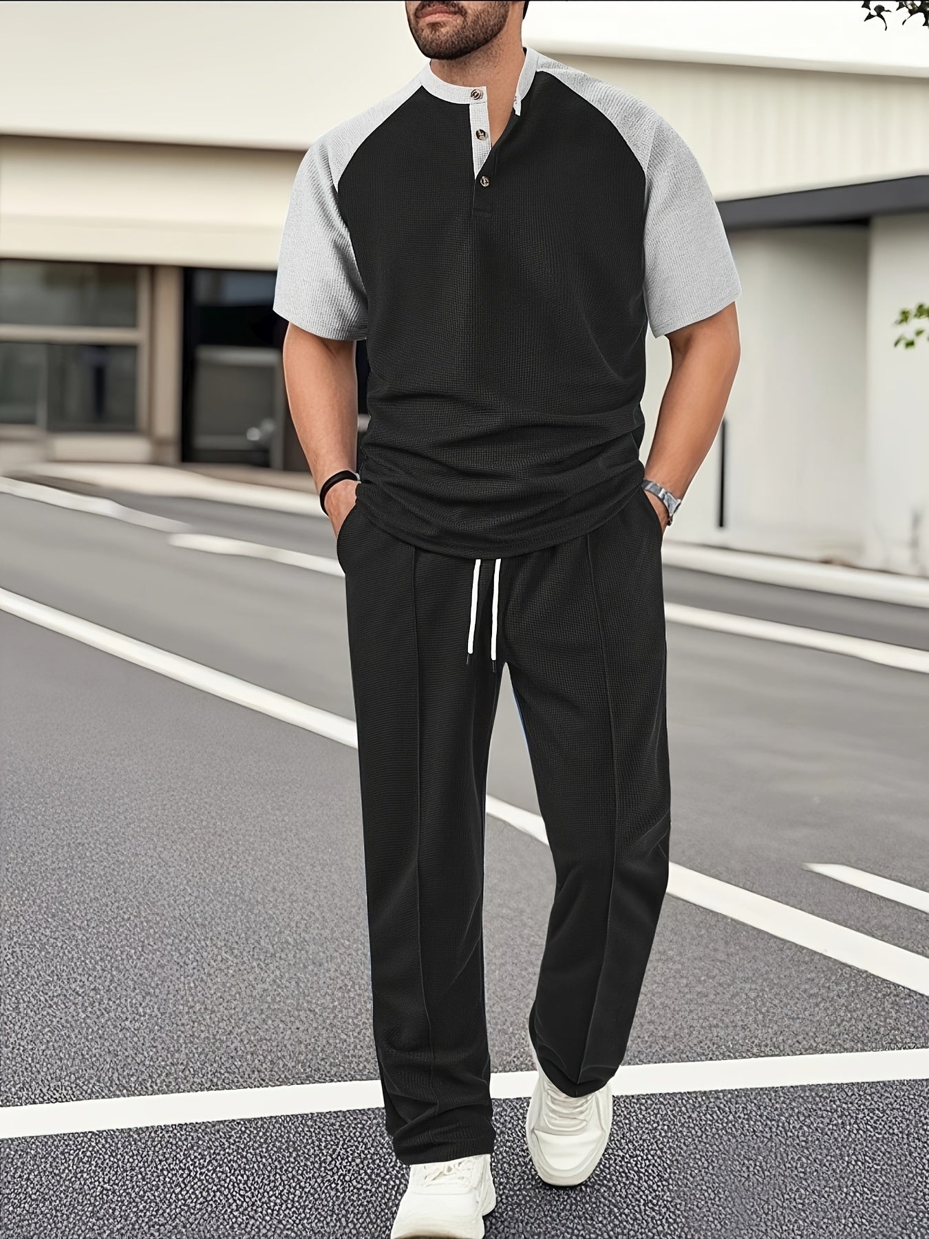 Men's Casual Mixed Color Spliced Set: Shirt and Drawstring Pants, Clean and Comfortable