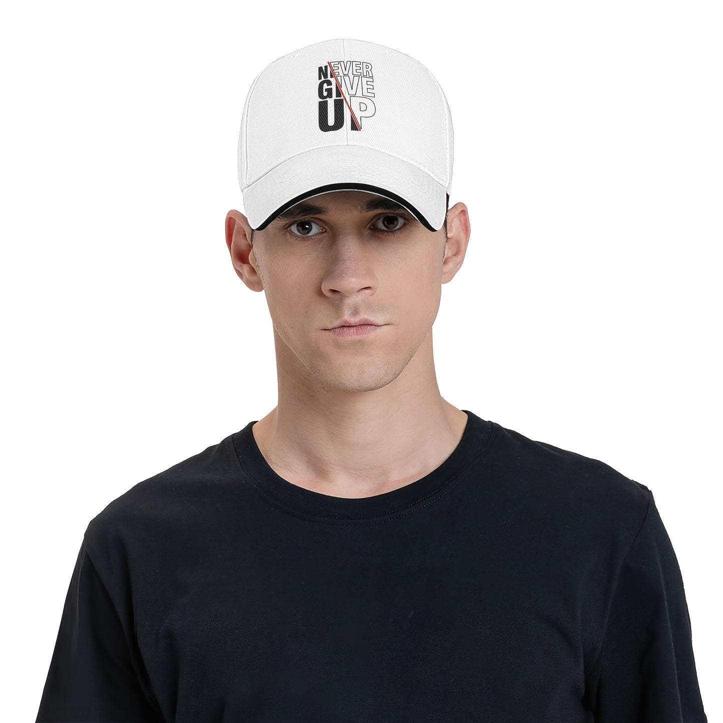 1 Pack Never Give Up Print Baseball Cap - Adjustable Snapback Dad Hat with Breathable Mesh Back, Funky Unisex Trucker Hat for Outdoor Fishing Driving, Black with White & Red Lettering, One Size Fits Most (53.34-63.5 cm)