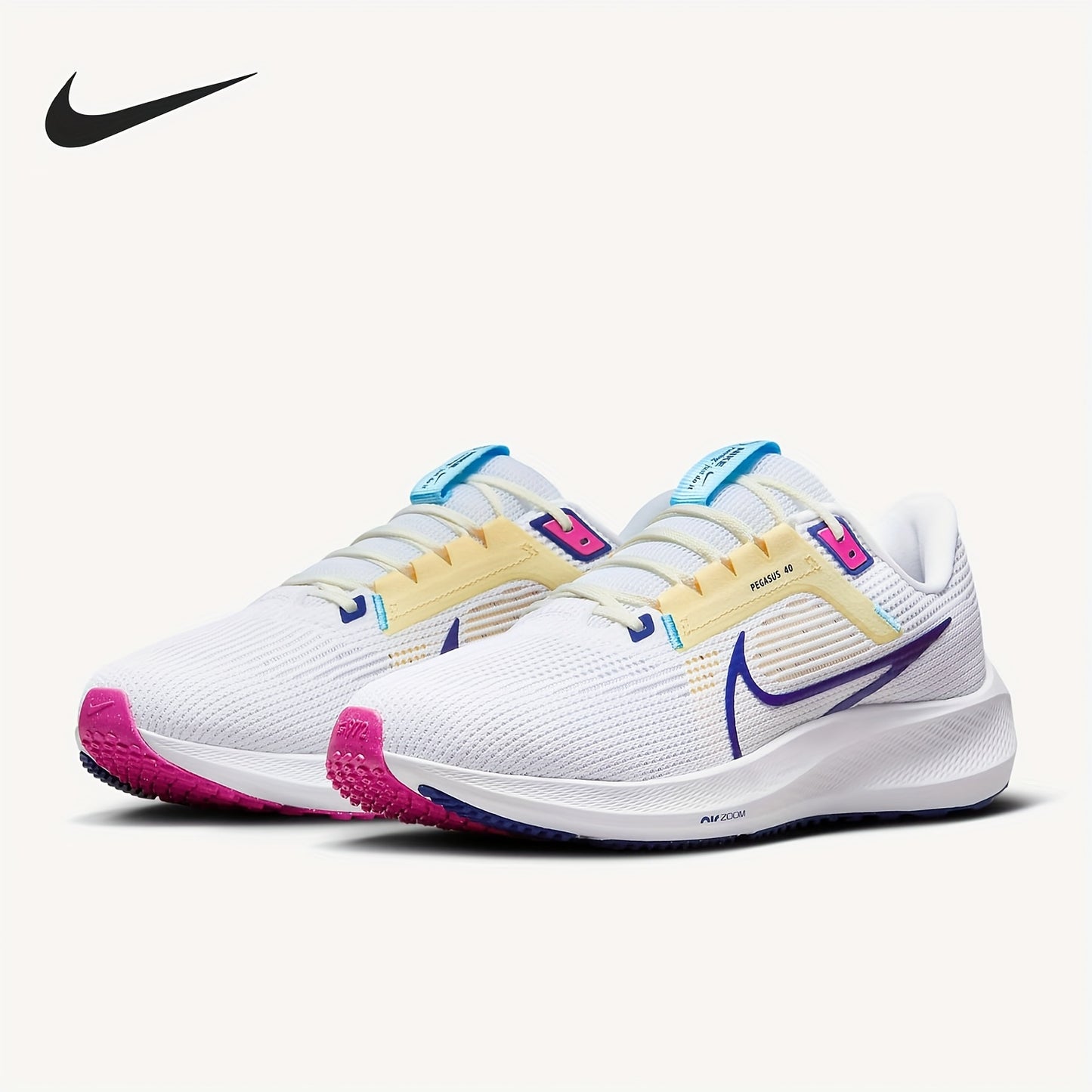 Nike Air Zoom Pegasus 40 Unisex Low-Top Running Shoes - White & Pink Accents, Breathable Fabric, Shock-Absorbing Cushioning, Durable Rubber Sole for Gym, Training & Casual Wear, Sneakers, Gym Footwear, Modern Athletic, Shocka