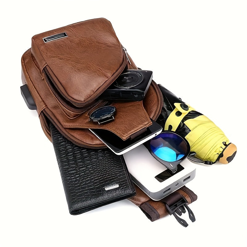 2025 New Men'S Fashion Chest Bag - Soft Faux Leather Anti-Theft Crossbody Bag with Multiple Compartments, Adjustable Strap & Zipper Closure for Gym, Travel, Casual Outings (Brown), Secure Travel Pouch, Textured Finish