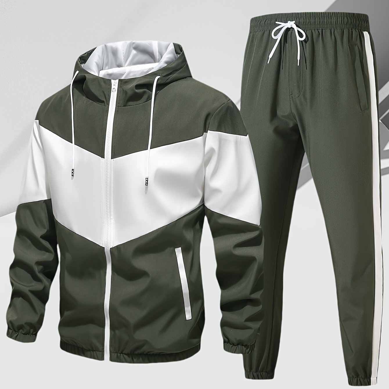 Men's Casual 2-Piece Outfit, Stylish Color Block Zip Up Hooded Jacket, Breathable Solid Color Drawstring Pants