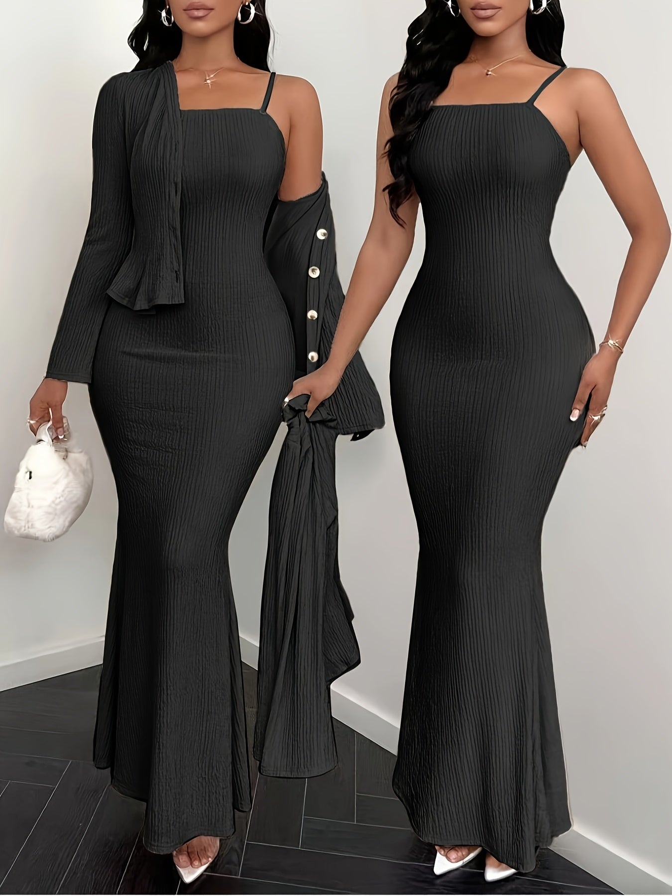 An elegant and stylish solid-color dress with a cardigan set, suitable for spring, summer, autumn, and winter seasons