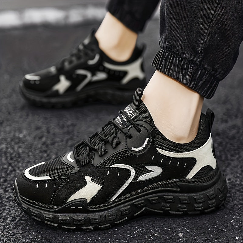 Men's Trendy Chunky Sneakers - Breathable Mesh & PU Upper, Durable PVC Sole, Lace-Up Casual Sneakers in Gray, Black & Orange, All-Season Comfort for Casual Attire