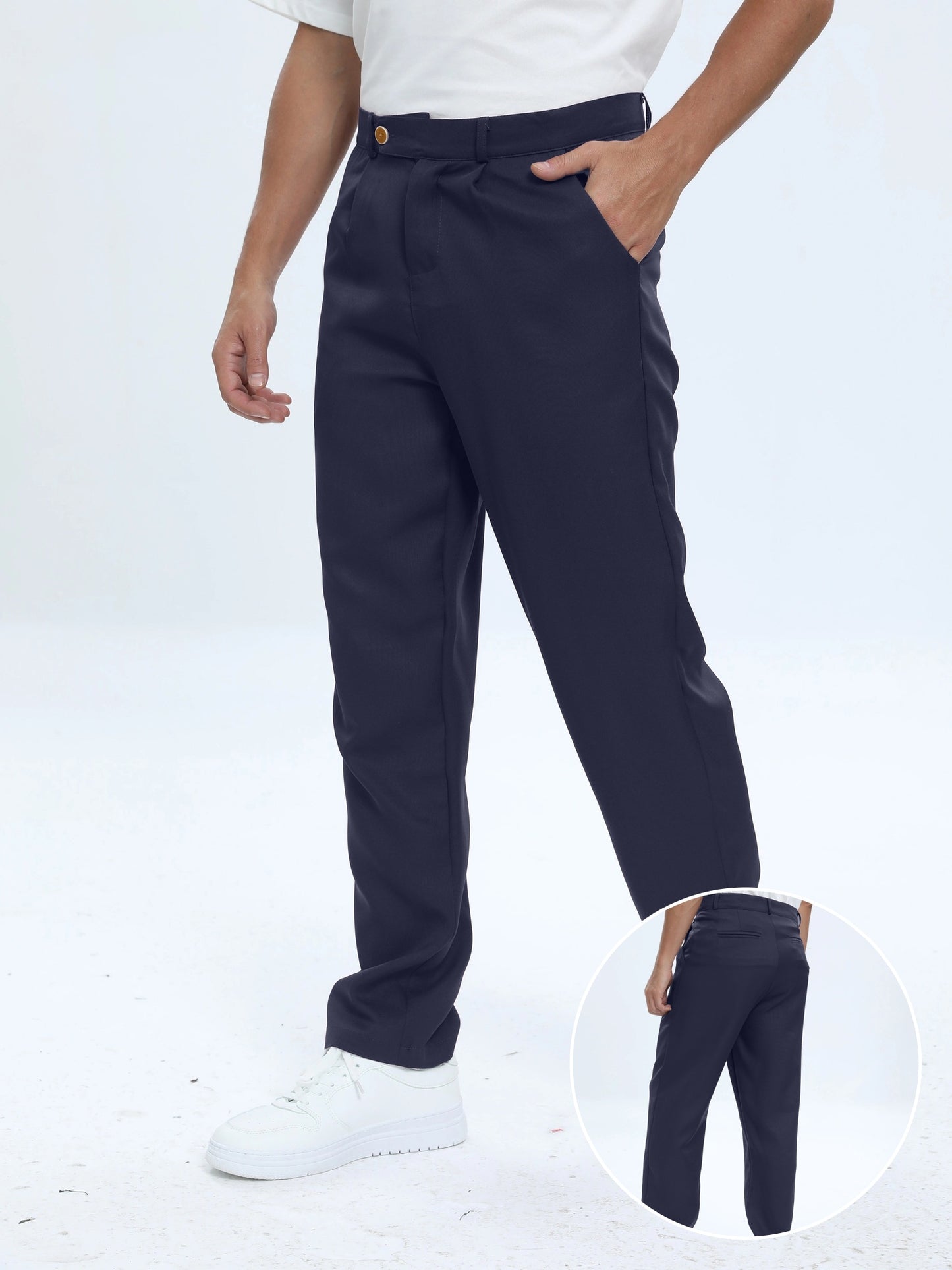Men's Classic Dress Pants - Solid Color, Polyester & Spandex Blend, Machine Washable, No Stretch Fabric with Faux Pockets - Perfect for Business Casual