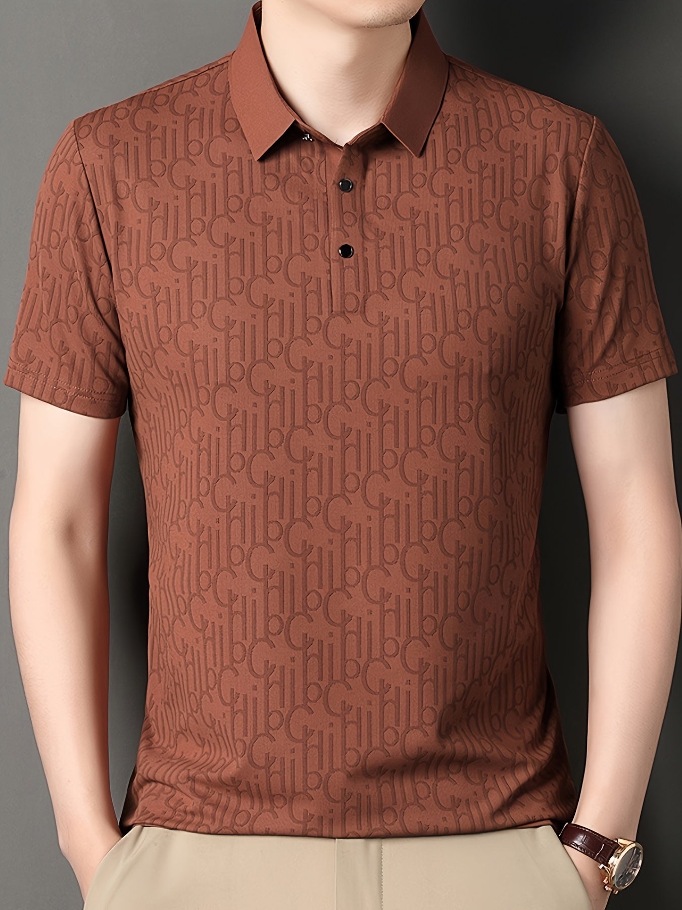Men'S Casual Summer Short Sleeve T-Shirt with "Gil" Letter Print, Light Gray, Button-Up Collar, Medium Stretch Fabric, Regular Fit, Perfect for Weekend Outings, Relaxed Outing Shirt | Letter Print Tee | Medium Stretch Fabric
