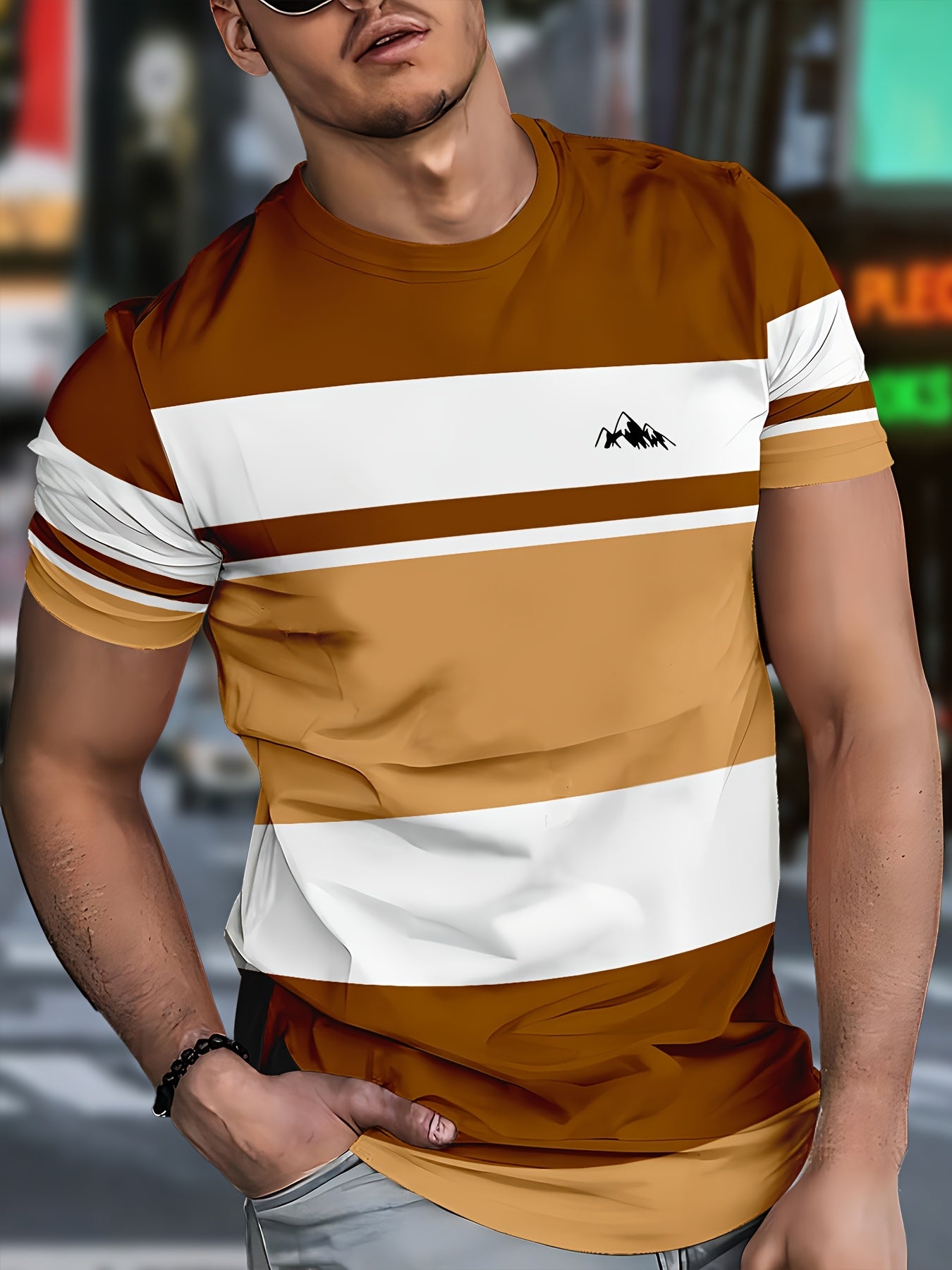 Men's 3D Digital Print Short Sleeve T-Shirt - Bold Striped Color Block Design, Breathable Round Neck, Lightweight All-Season Casual Tee, Machine Washable, Everyday Outfit, Modern Fashion, Durable Tee, Printed Shirt, Streetwea