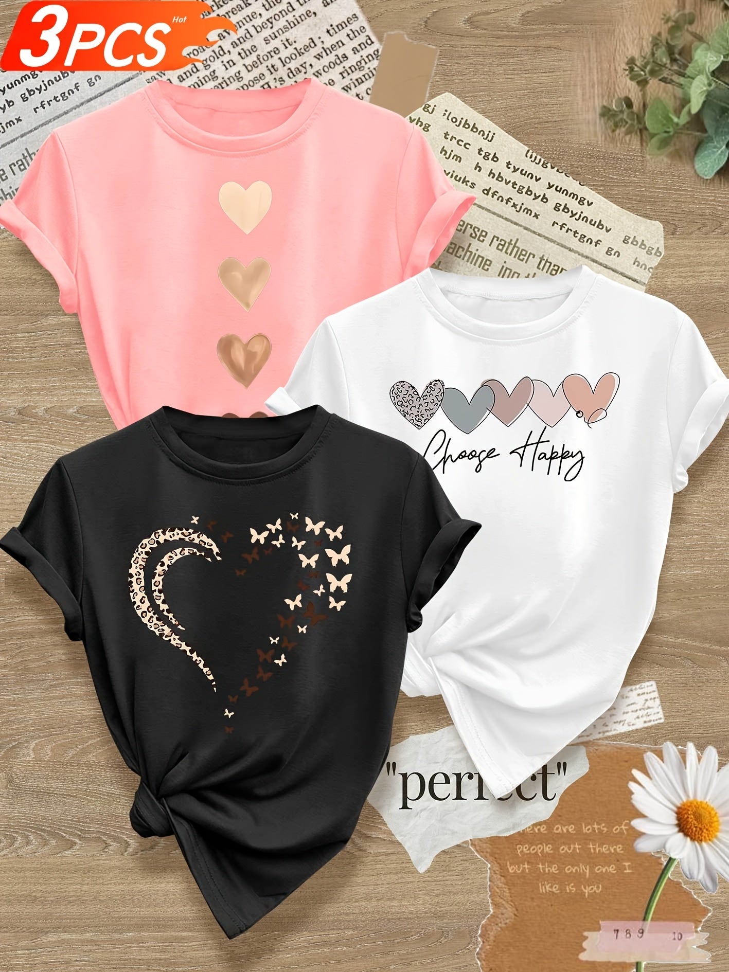 Leopard Print Small Butterfly Love Hearts in Pairs with English Letter Pattern Printed Fashion Retro Style Women's Spring, Autumn and Winter Casual Sports Top Round Neck Short Sleeve T-shirt 3pcs Combination Pack Family Pack