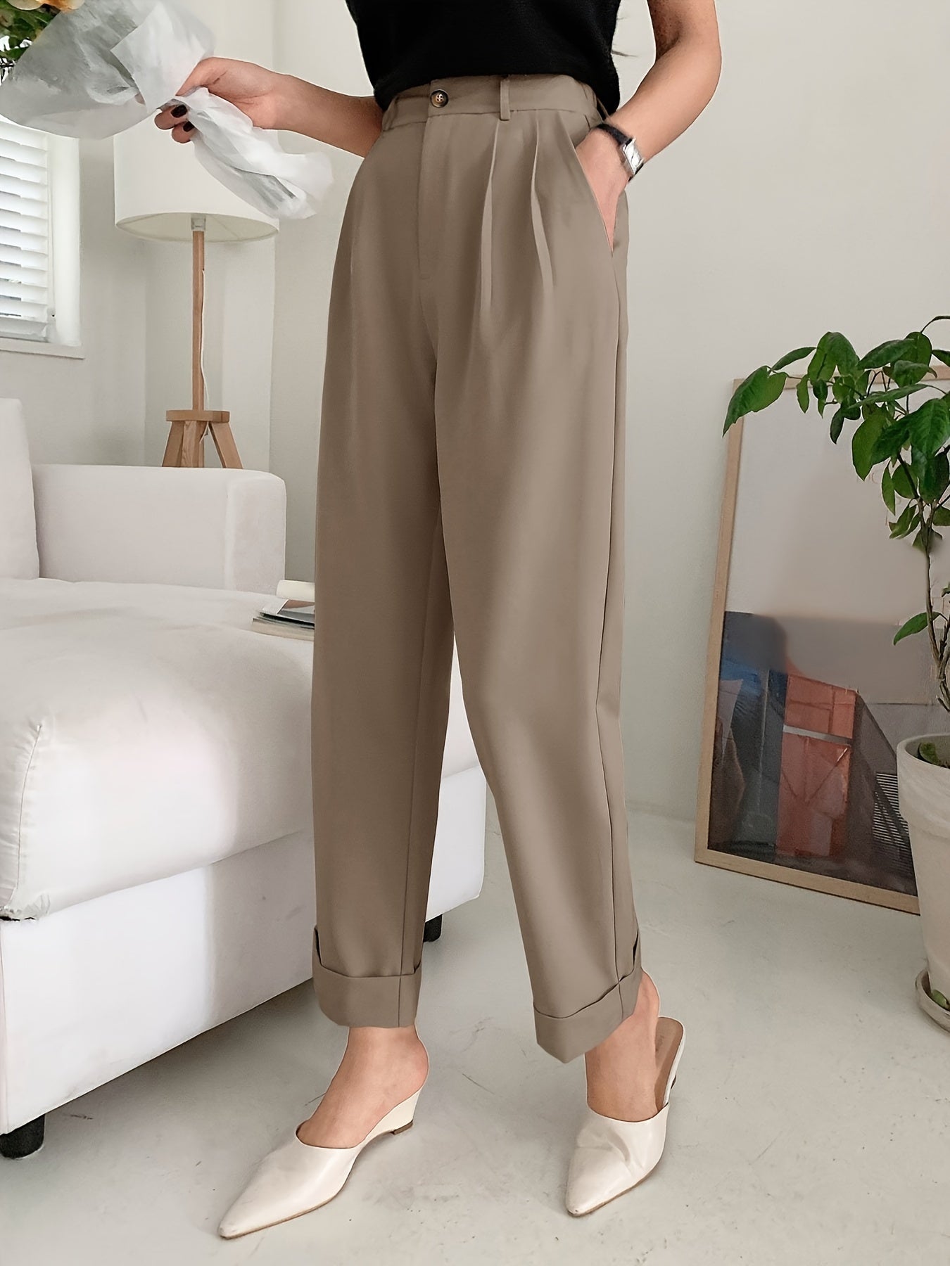 Slant Pockets Wide Leg Suit Pants, Casual Loose Pants For Spring & Summer, Women's Clothing