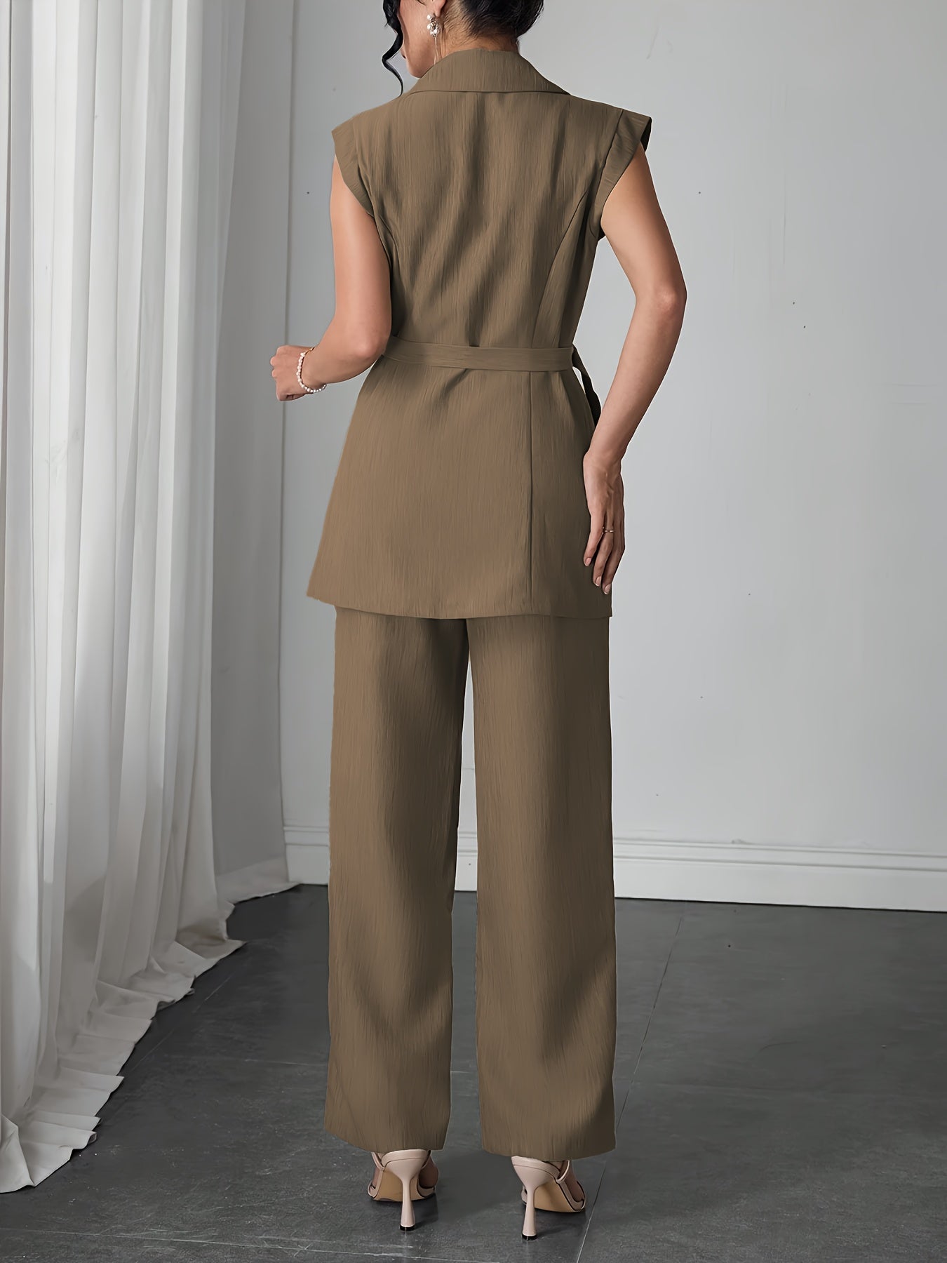 Stylish Women'S Elegant Modern Two-Piece Set with Side-Waist Design, Solid Color Sleeveless Jacket and Pants for Spring/Summer