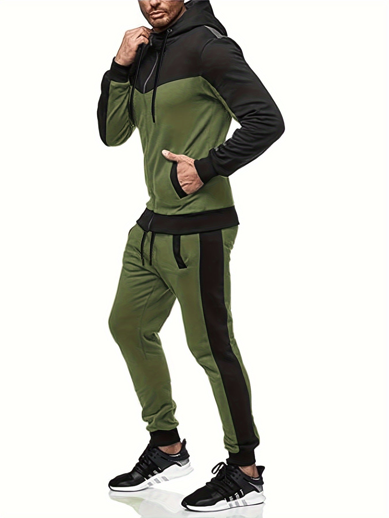 Men'S Casual Hoodie Set for Autumn And Winter, Featuring a Hooded Sweatshirt And a Sporty Cardigan in a Patchwork Design.