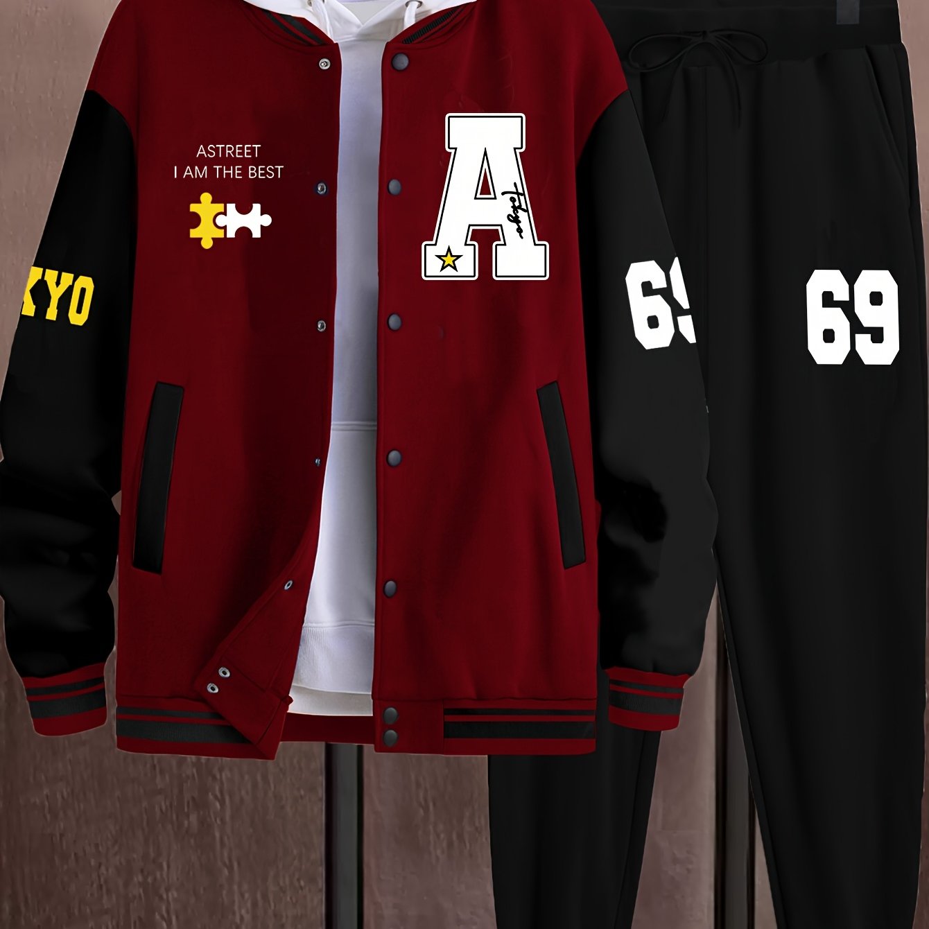 Athleisure Essential, Men's Casual 69pcs Set: Color Block Varsity Jacket & Joggers with A-69 Print - Polyester, Baseball Collar, Pockets - Perfect for Fall/Winter