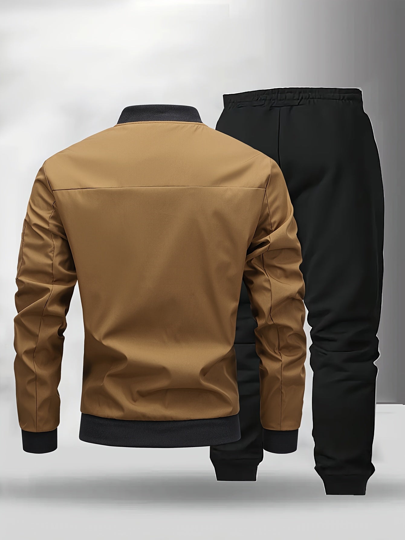 Men'S Casual Two-Piece Athletic Set - Black Baseball Collar Jacket with Zipper, Elastic Waistband Pants, Regular Fit for Spring/Fall, Spring Outerwear | Sporty Casualwear | Zippered Jacket