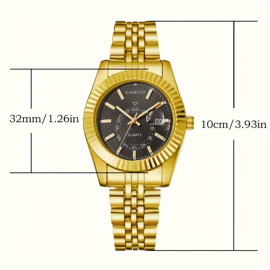 KASRLUO Elegant Women's Golden-Tone Stainless Steel Quartz Watch with Date Display, Analog Roman Numerals, and Adjustable Crown - Stylish Round Alloy Case & Band for Sophisticated Timekeeping, Fashion Accessory | Sophisticate