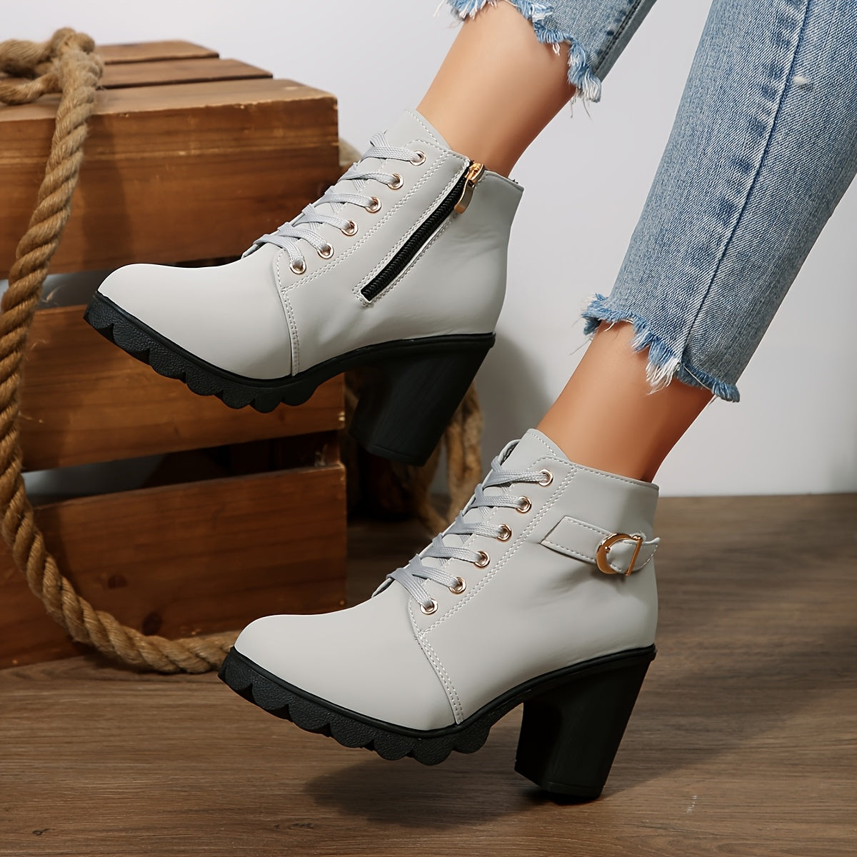 Women's Chunky platform heel Boots - Lace-up closure, Faux Cover Round-toe boots with, Thick Platform Sole for Dresses, Jeans, Party Outfits - All-Season Everyday & Formal Shoes, Stylish Outfit Additions, Side Zipper Detail,