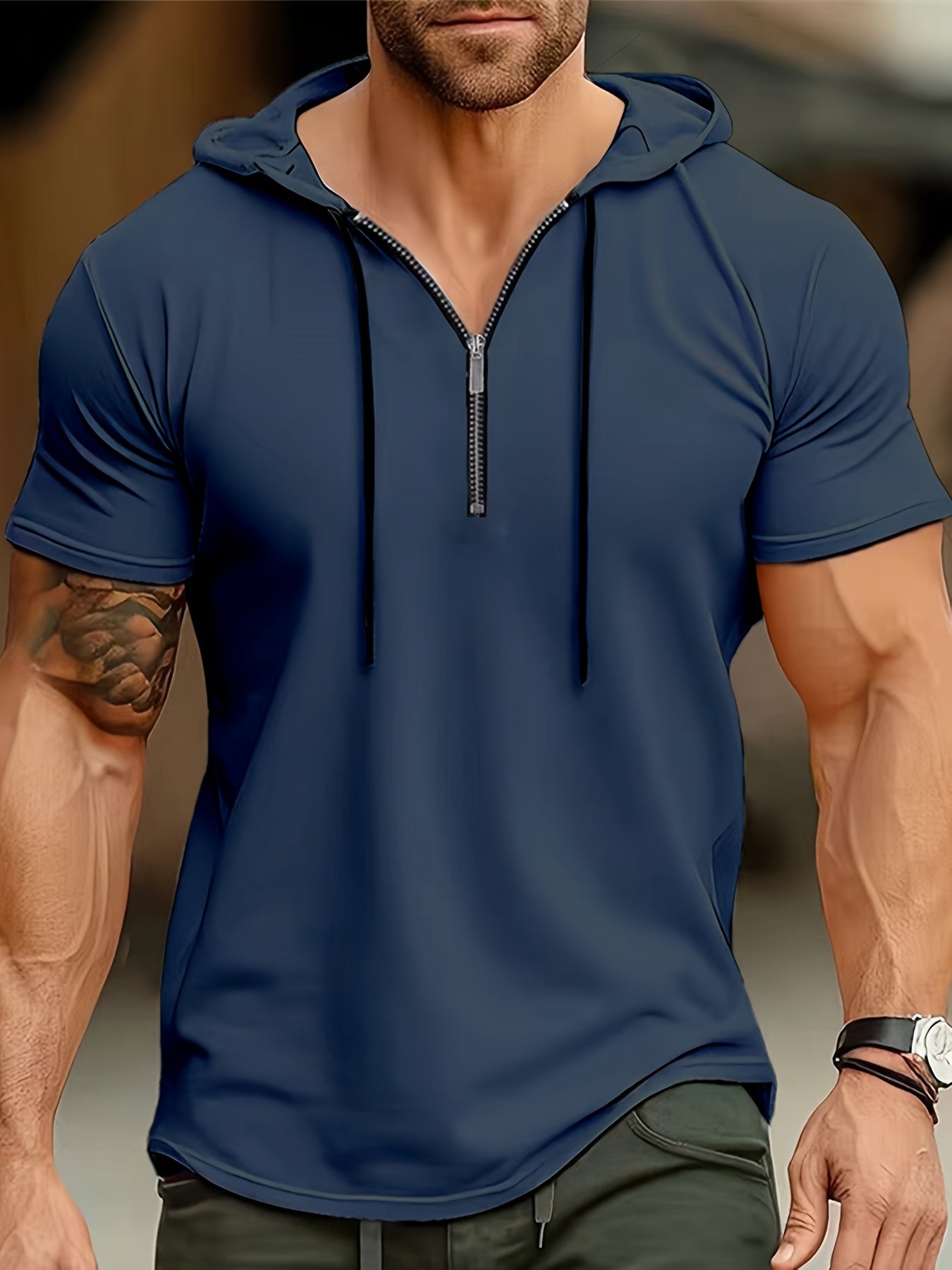 1pc Men's Light Blue Casual Hooded Short Sleeve T-Shirt with 1/4 Zipper, Breathable Stretch Fabric for Gym, Outdoor & Summer Wear, Gym Apparel, Stylish Contrast Detailing, Comfortable Fit