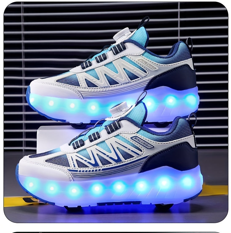 Youth Skate Shoes with LED Lights, Four-Wheel Detachable, Street Fashion, Trendy Style, Random Pattern, All-Season, Sports and Outdoor Scene, Roller Skating, Rotary Buckle Closure, Breathable and Adjustable Brightness, Upper,