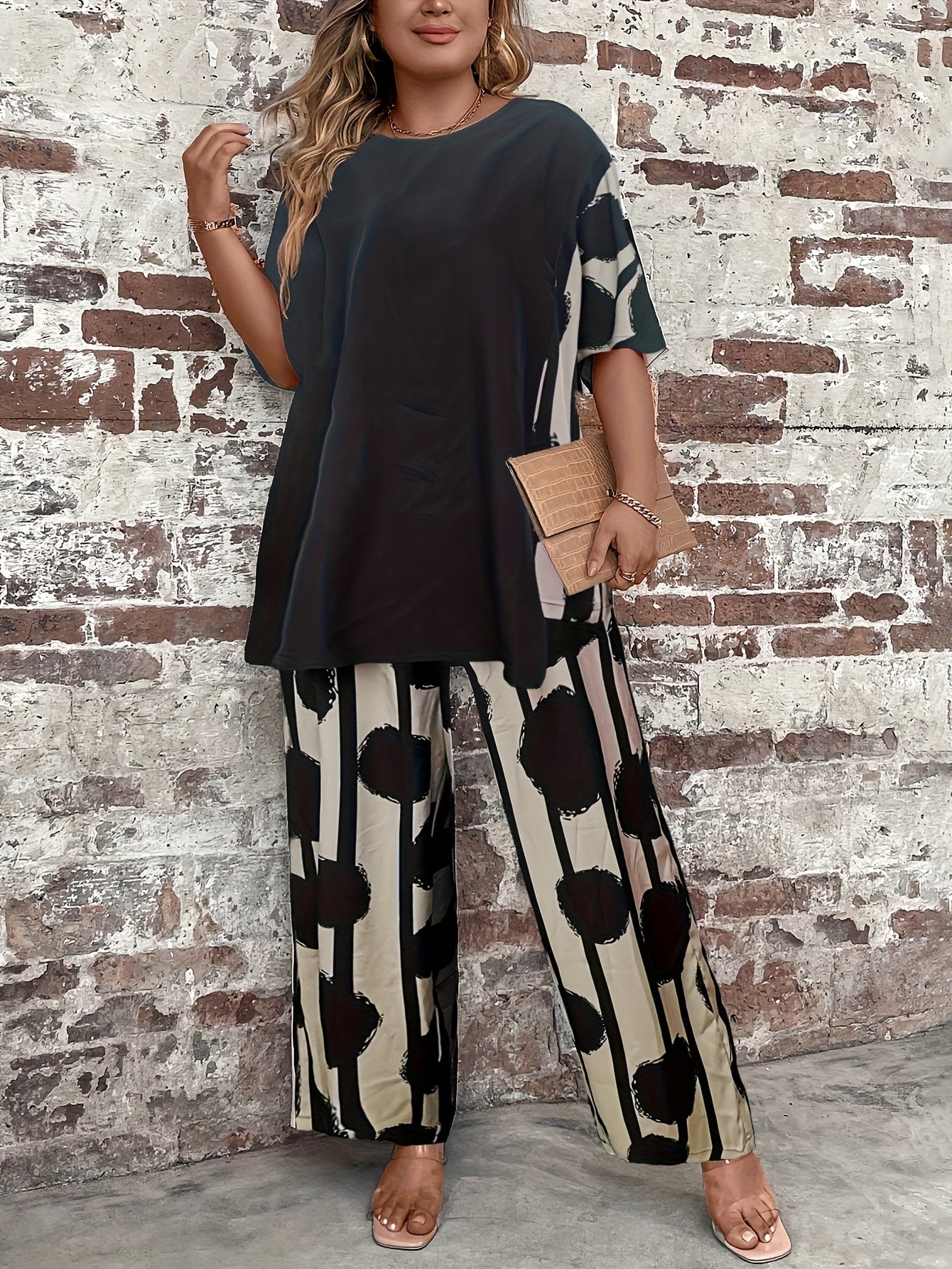 Plus Size Women'S Black Printed Sweater Set - Casual Long Sleeve Pullover with "LOVE" Design, Wide Leg Pants, Non-Stretch Fabric, Perfect for Fall & Winter, Autumn Winter Wear|Casual Style|Comfortable Fit