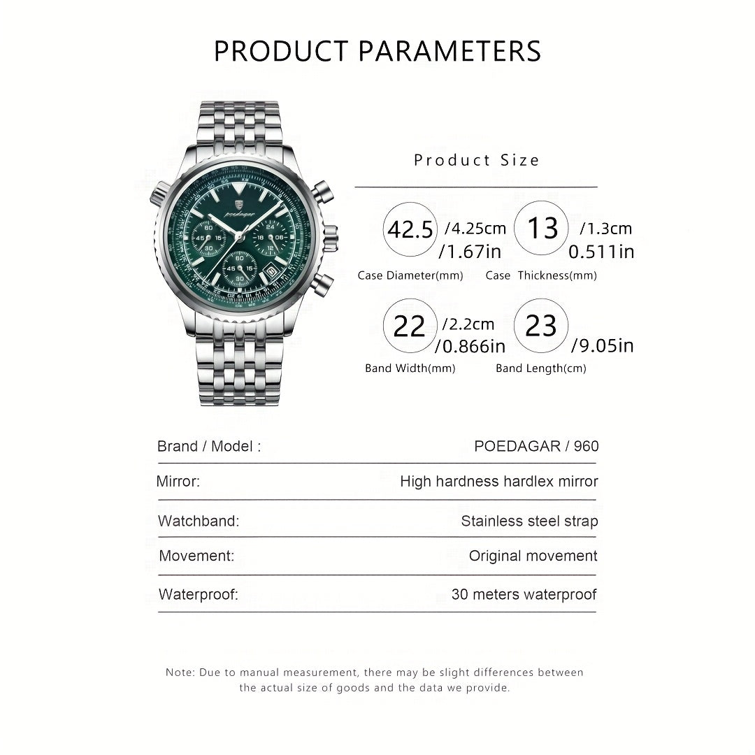 POEDAGAR Luxury Men's Quartz Watch -, Luminous Chronograph with Date Function, Stainless Steel Band & Zinc Alloy Case
