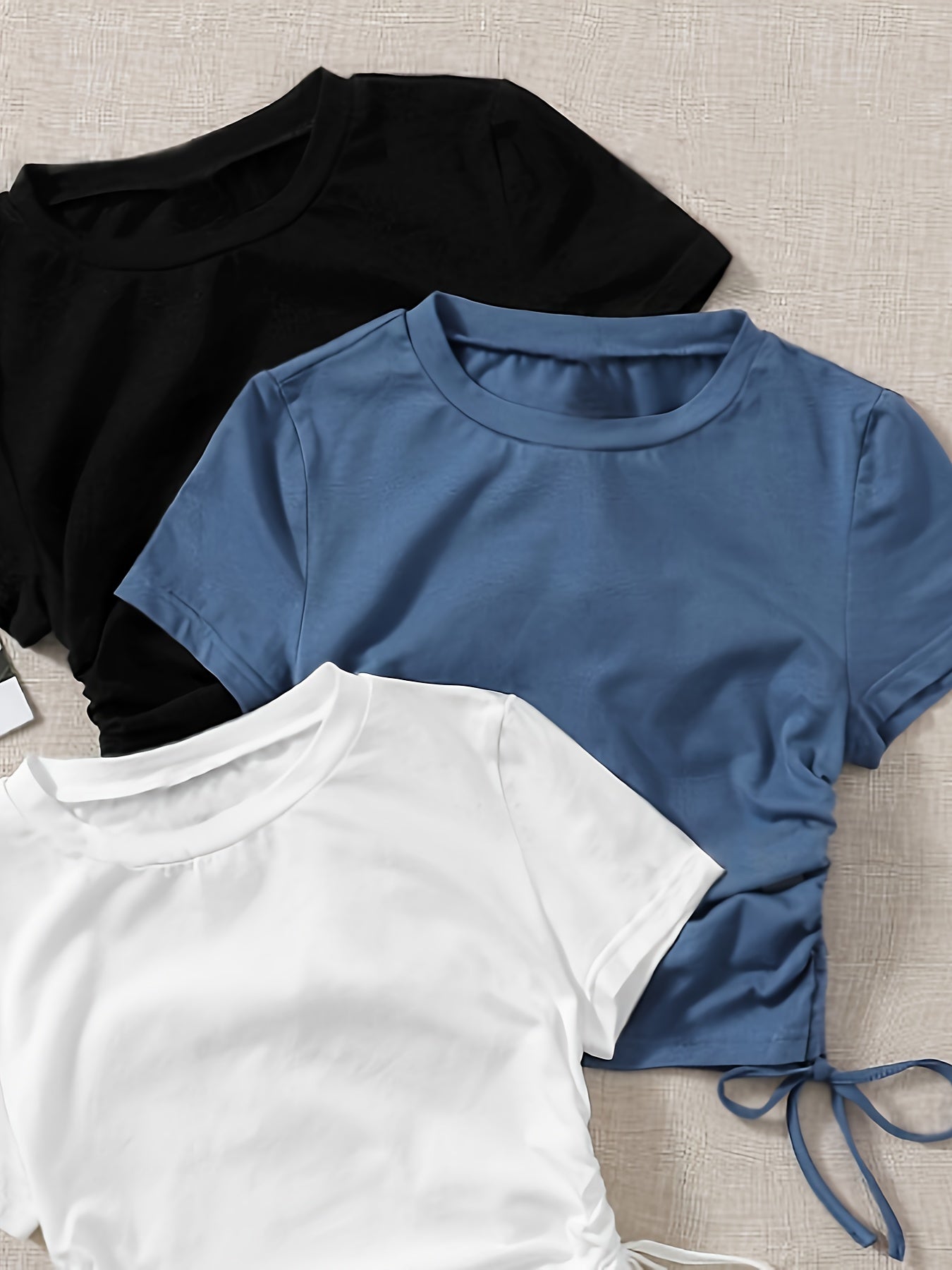 3 Pack Drawstring Crew Neck T-Shirt, Casual Short Sleeve T-Shirt For Spring & Summer, Women's Clothing