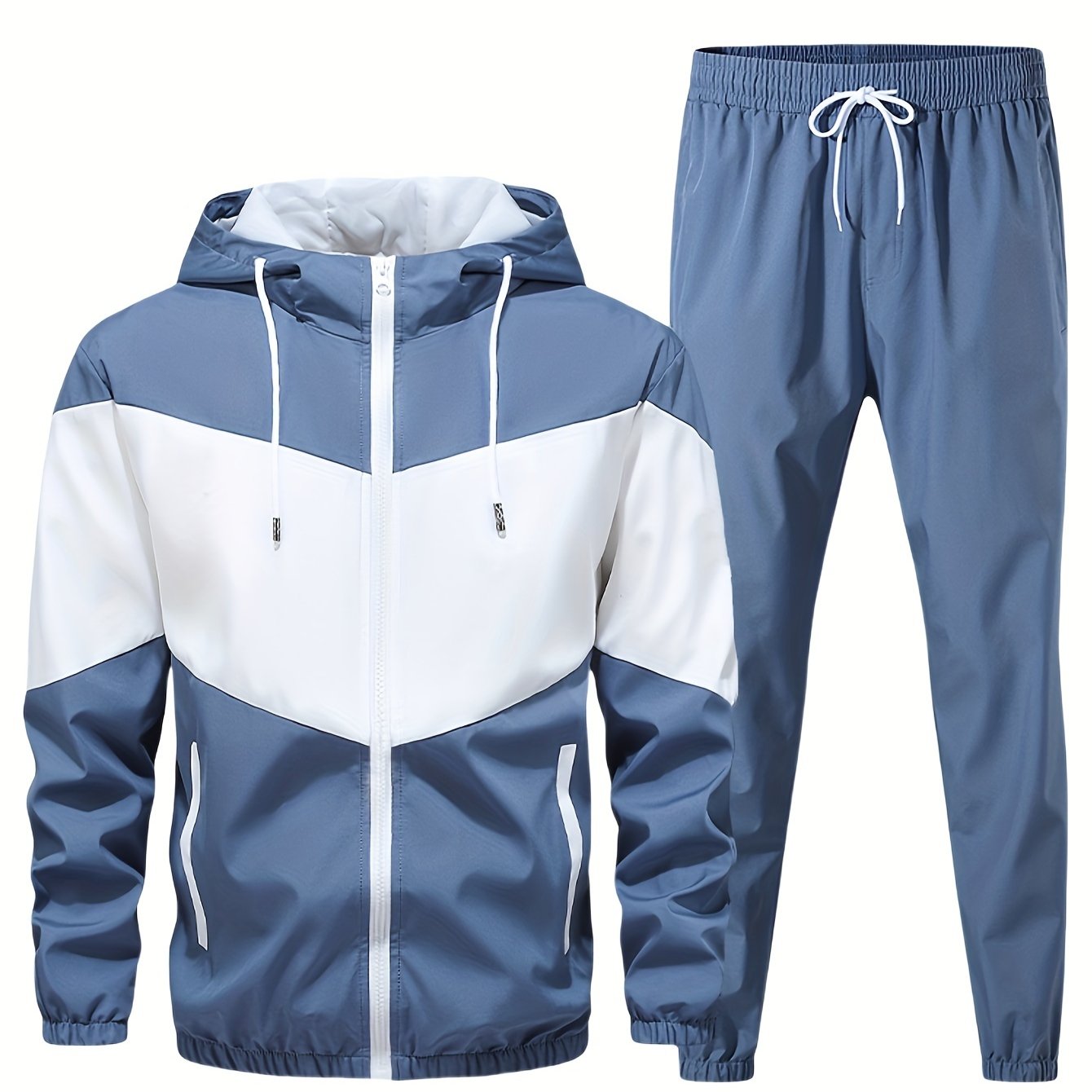 Men's Casual 2-Piece Outfit, Stylish Color Block Zip Up Hooded Jacket, Breathable Solid Color Drawstring Pants