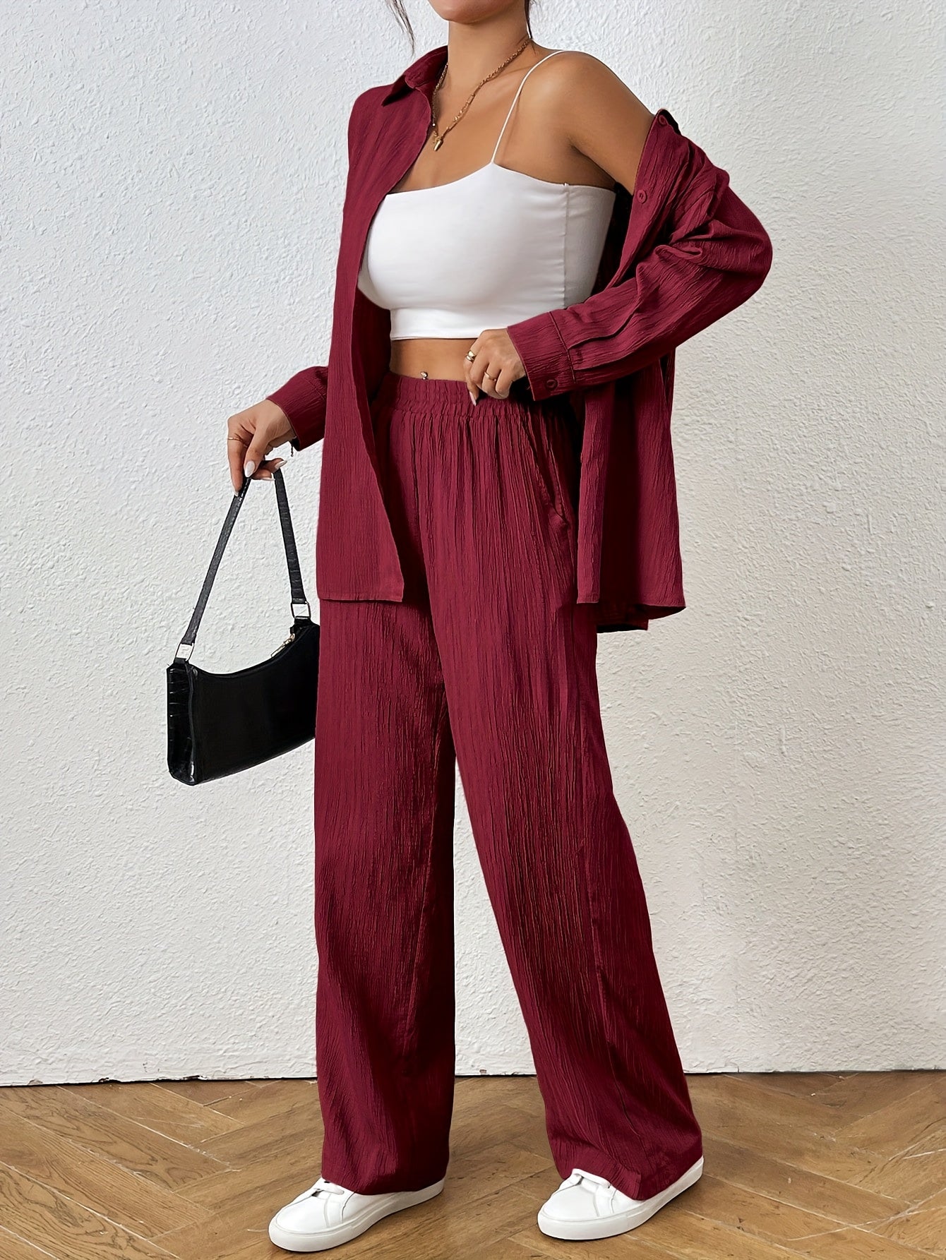 2pcs Women Spring & Autumn Casual Solid Color Long Sleeve Shirt And Pants Set