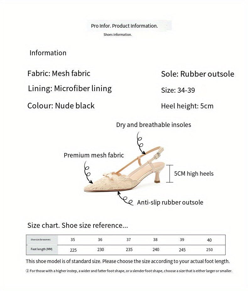 Women'S Elegant Lace-Embroidered Pointed-Toe High Heel Sandals - Beige Block Heel, Ankle Strap with Buckle, Breathable Mesh Upper, Comfortable Summer & All-Season Wear, High Heel Sandals