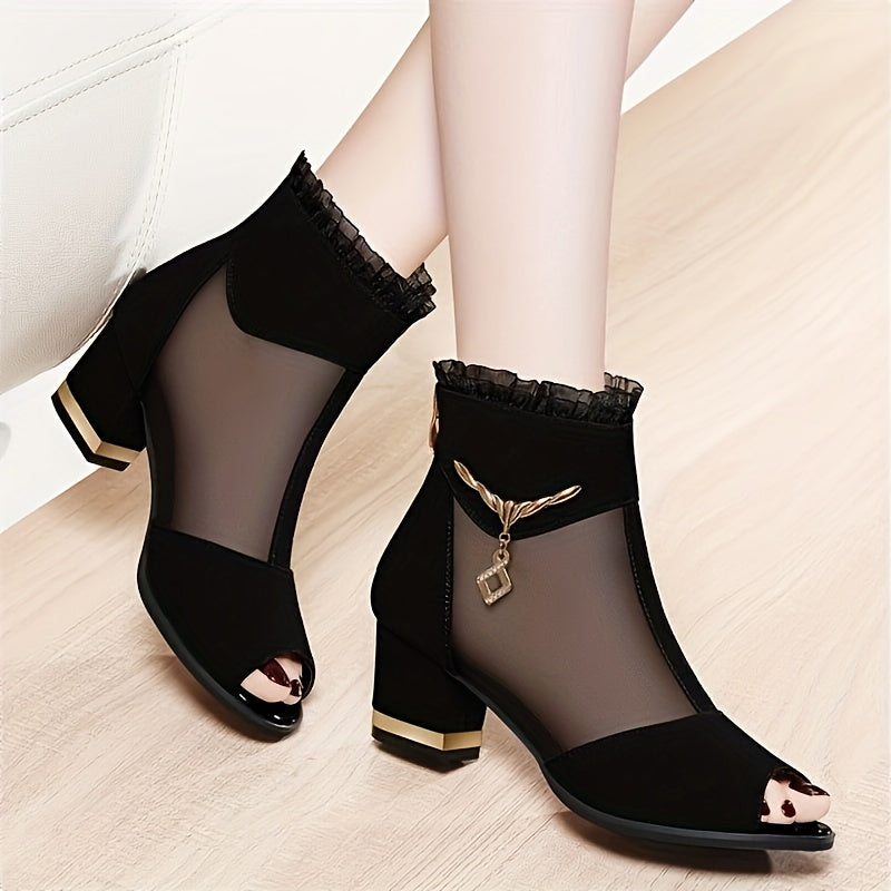 Elegant Black High-Heel Sandals with Mesh Upper - Comfortable Block Heel, Open Toe Design, Stylish Zipper Closure, Perfect for Summer Formal Wear, Formal Footwear|Elegant High Heel|Zipper Closure Sandals