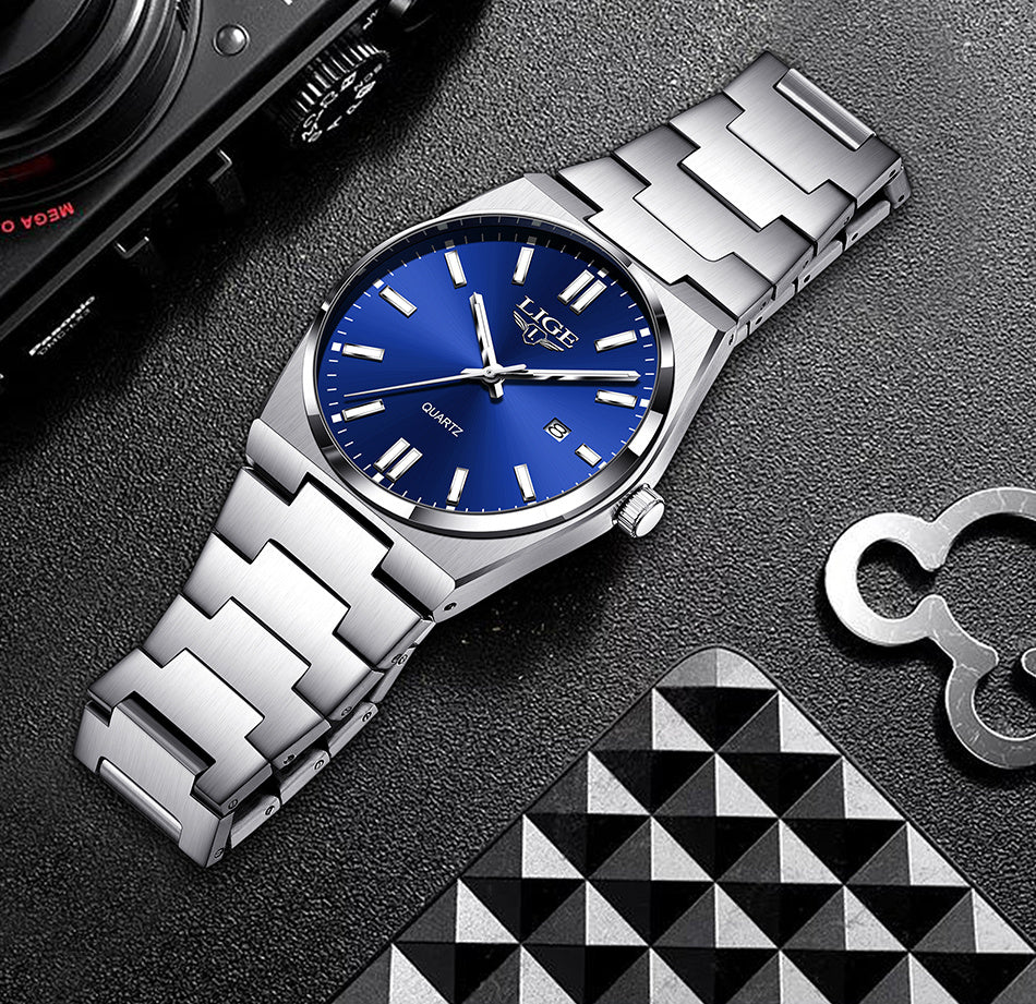 LIGE Stainless Steel Sports Watch for Men and Women - Dual Display Digital & Quartz Movement, Blue Dial, Rotating Bezel, Date Display, Metal Bracelet, Gift Box Included, Watch Accessories, LIGE
