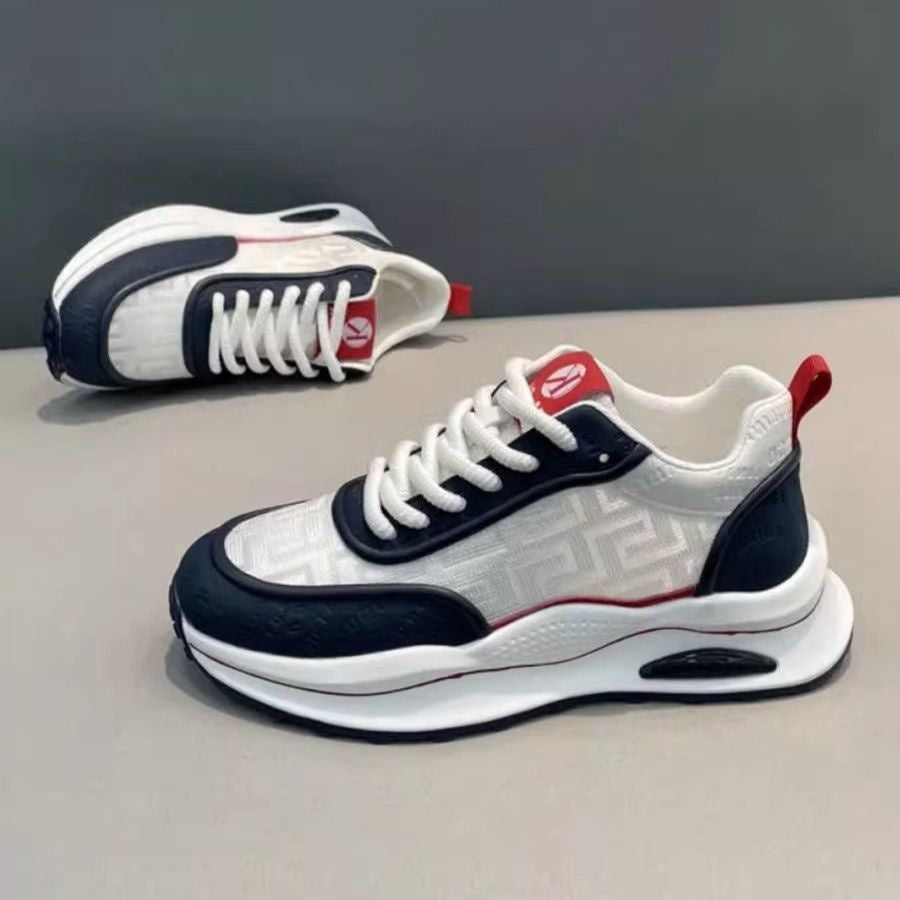 Men's Lightweight Breathable Low-Top Sneakers - PU Upper & PVC Sole, White/Navy/Red Accents, Lace-Up Round Toe for Casual, Outdoor, Running & Gym - All-Season Comfort Shoes, Casual Footwear, Geometric Pattern, Comfortable Fit