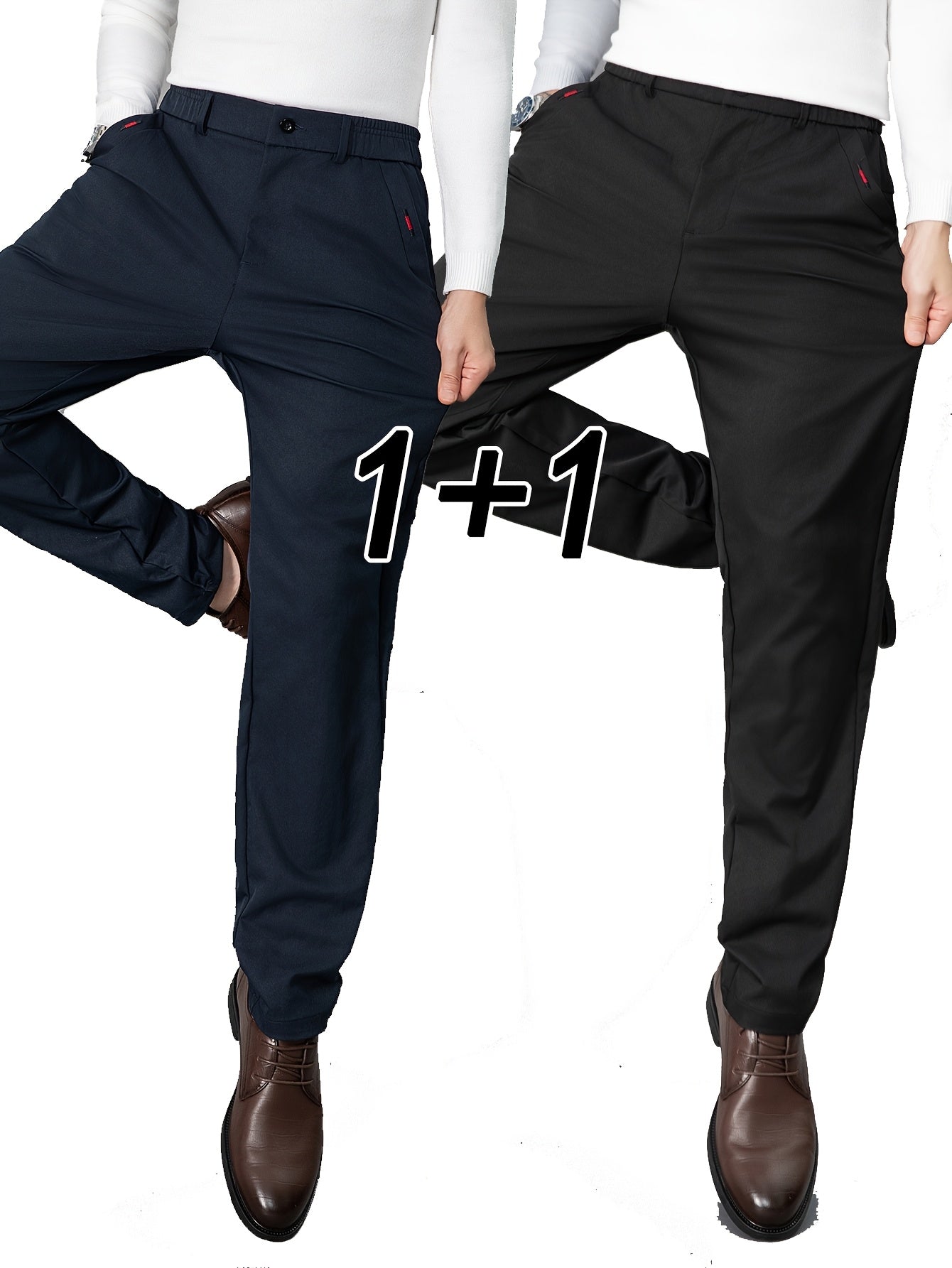 2pcs Men's Light Business Casual Pants - Straight Leg Dress Trousers, Lightweight & Comfortable for Office and Casual Attire, All Seasons, Navy Blue & Black, Polyester Fabric, Machine Washable, Versatile Dress Trousers | Styl