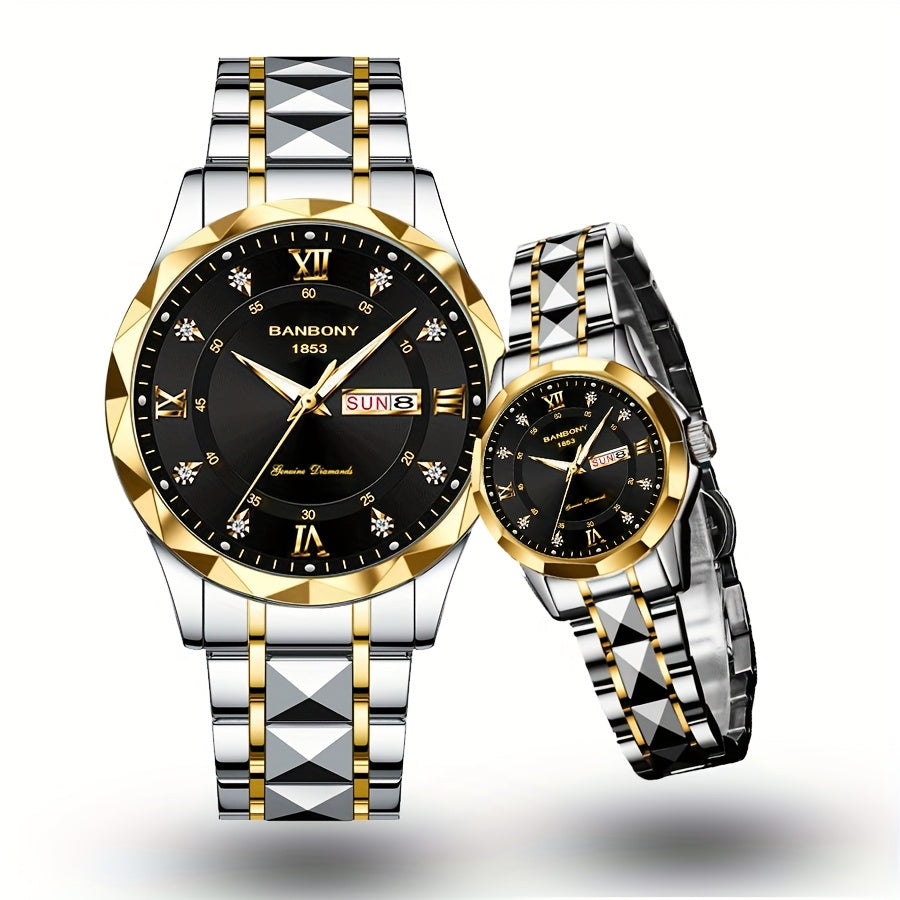 2pcs Couple Watch BANBONY Brand Trendy Fashion Men's and Women's Quartz Watch Stainless Steel Strap with Rhinestone Luminous High-definition Disc Waterproof Night Light Display Week Calendar Display Wristwatch Holiday Gift fo
