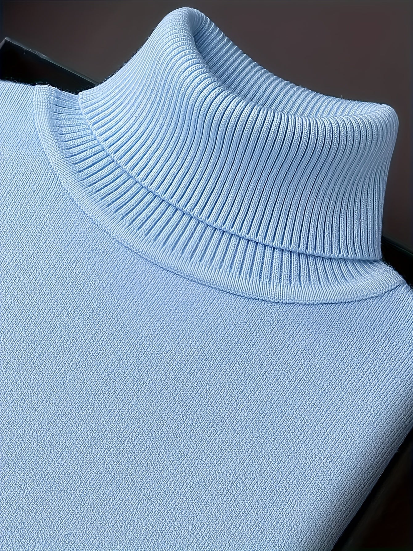 Men's Sleek Light Blue Turtleneck Sweater - Casual Knit Pullover with Ribbed Cuffs, Long Sleeves for Fall/Winter, Soft Viscose Blend