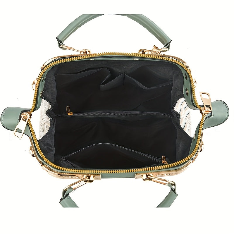 SYM Women's Large Capacity Convertible Crossbody Handbag - Elegant Purse with Zipper Closure, Golden-Tone Hardware, Chain Link Strap for Work, Formal Events, Everyday Use - Available in Khaki, Green, Blue, Yellow, Black - Cro