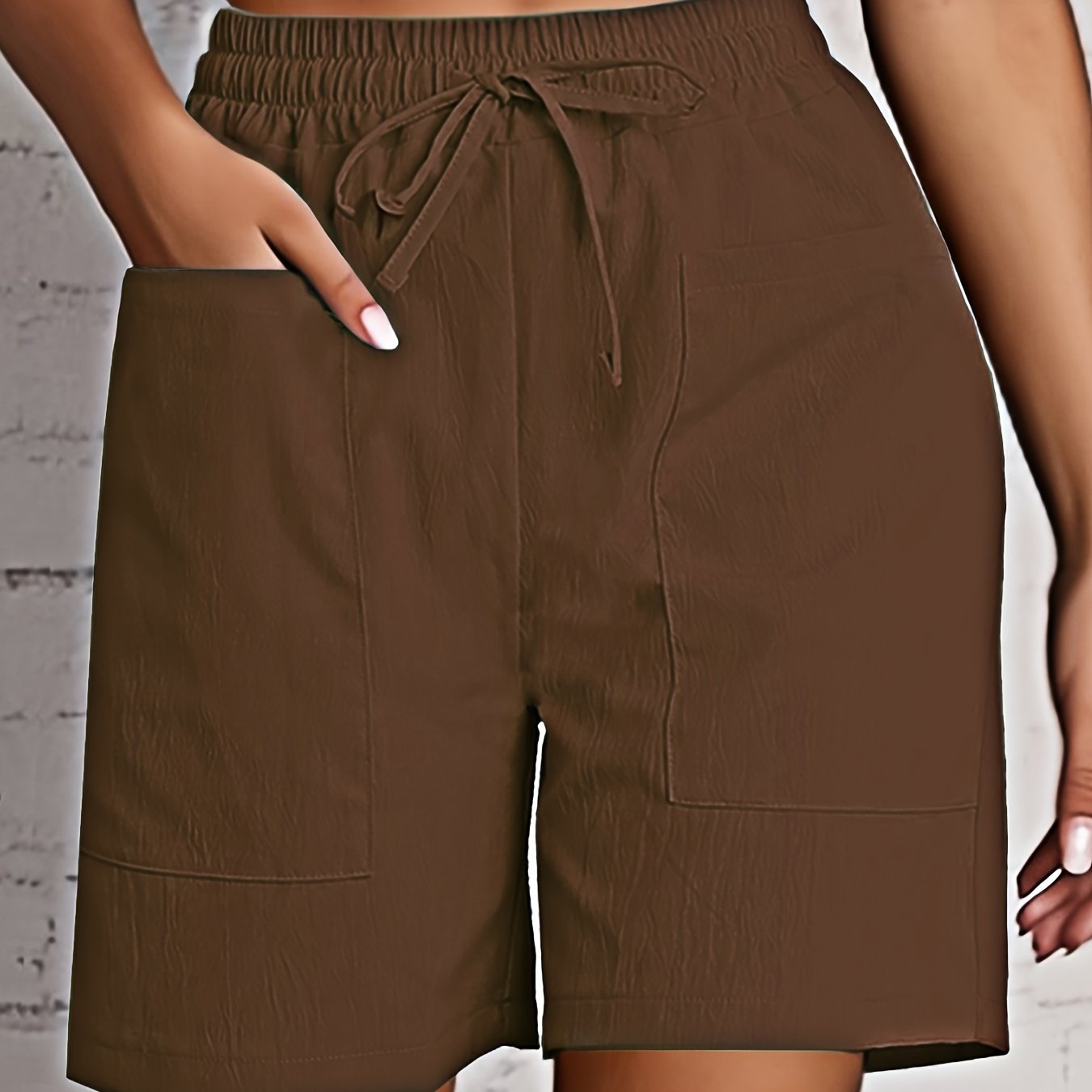 Women's Beige Cargo Shorts - Casual & Stylish, Solid Color with Drawstring Waist and Pockets, Polyester Blend, Machine Washable, All-Season Comfort