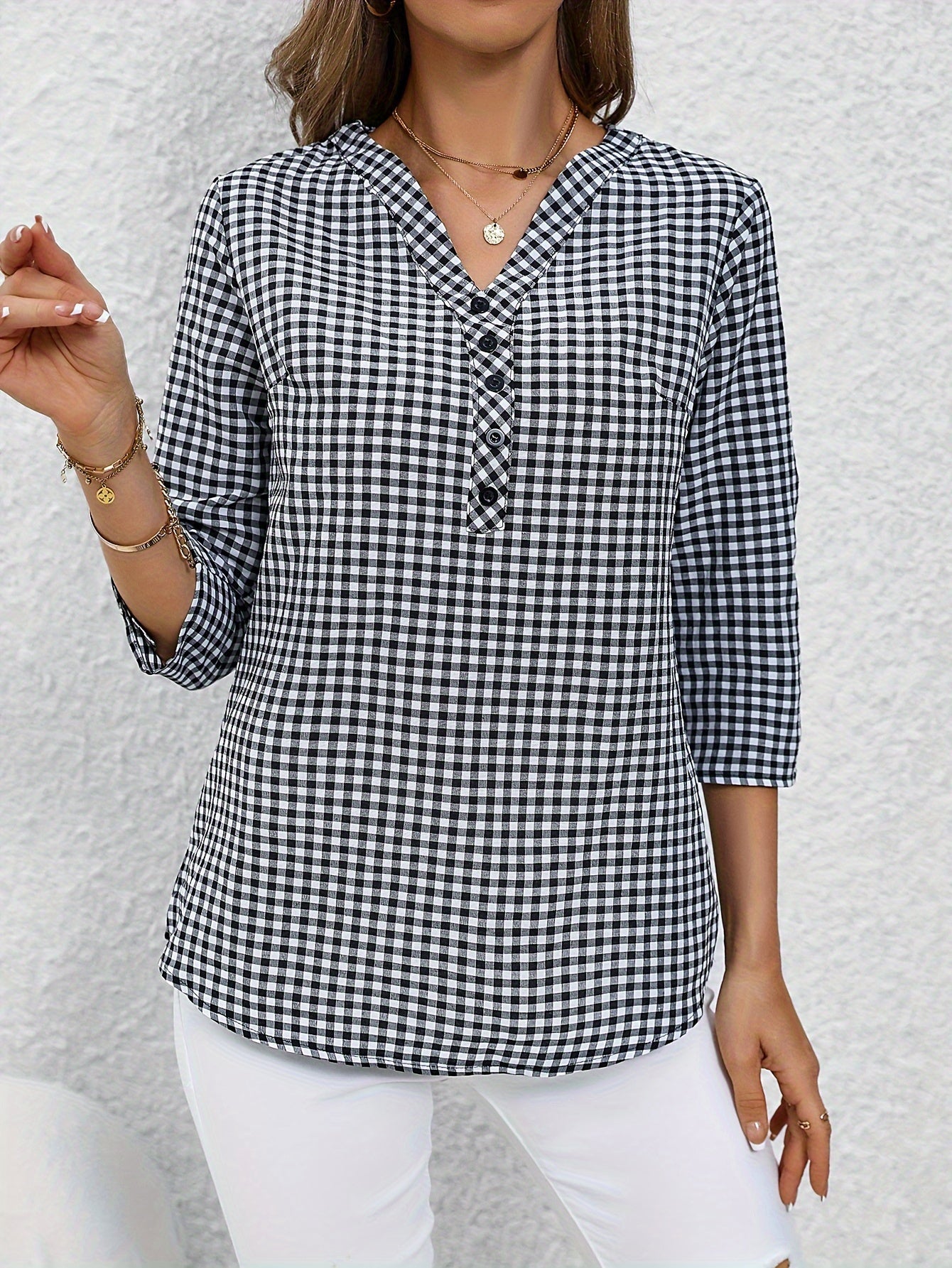 Women'S Casual Yellow & White Plaid Button-Up Shirt - Polyester, V-Neck, Long Sleeves, Casual Wear, Casual Wear|Plaid Pattern|Polyester Fabric
